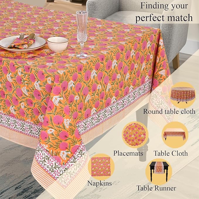 Ridhi Hand Block Print Bubblegum Pink Rectangle Cotton Tablecloth 190" x 72" Reusable Table Cover Decorative Everyday Use for Dining, Farmhouse, Home Gift for Spring, Easter, Valentine