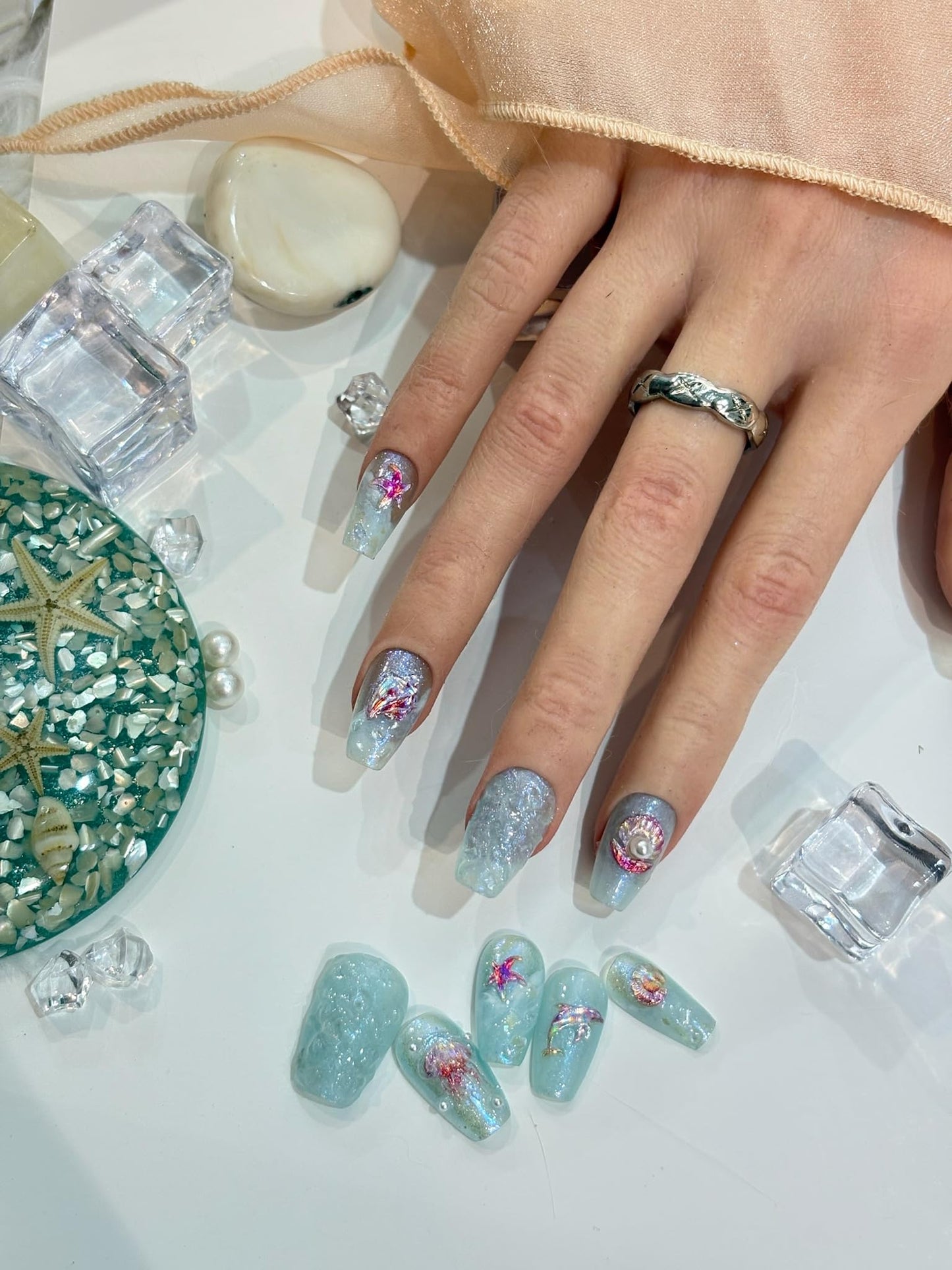 SIMAYKUWA 5D Nail Art Stickers - 3D Shell Octopus Relief Design with Shimmer Glitter for DIY Manicure, Ocean Theme False Nail Decorations A Set of 3 Sheets