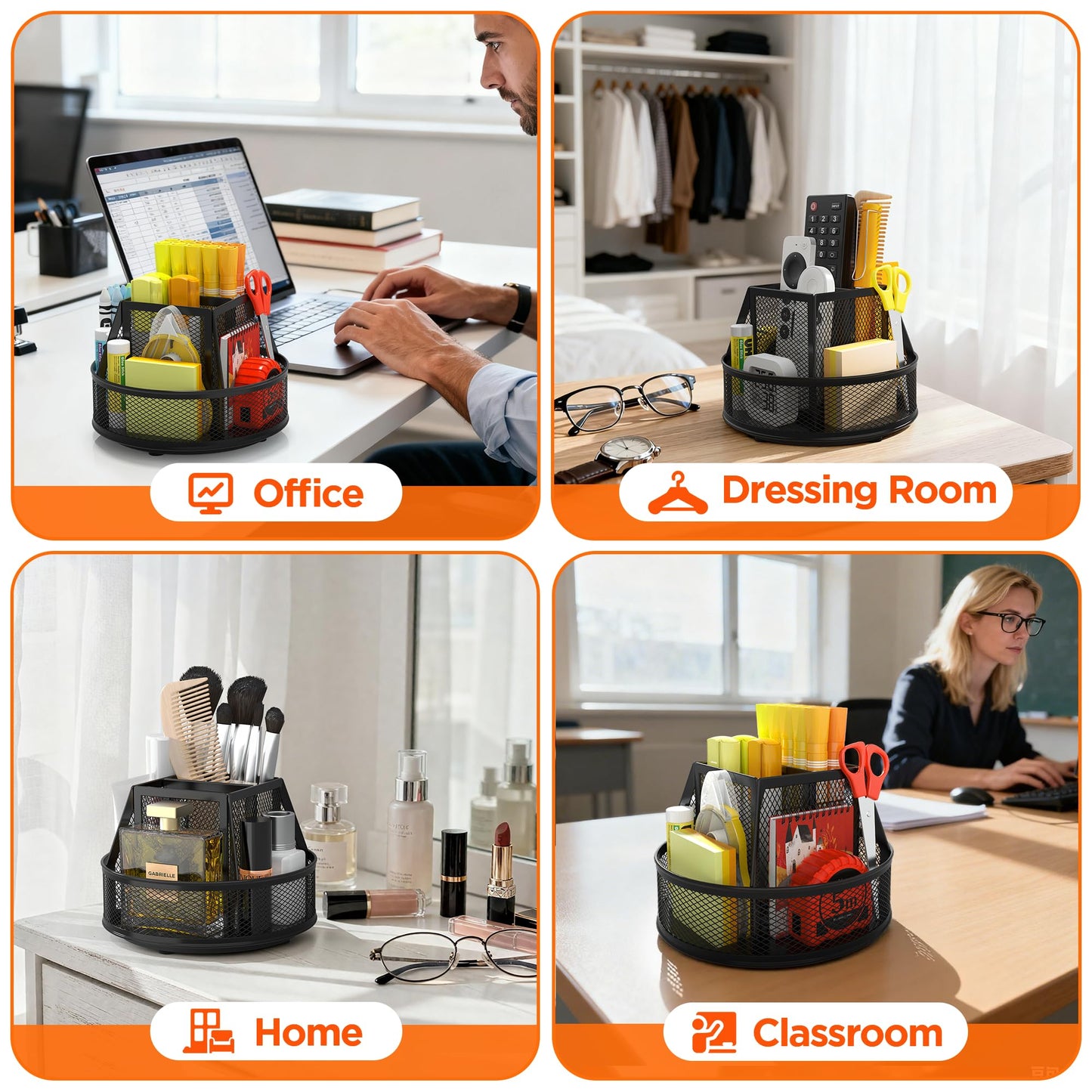 Docnest 360° Rotating Pen Holder,Heavy-Duty Metal Mesh Desk Organizer with 6 Compartments for Pencils,Scissors & Markers –Space Saving Office Supply for Teachers, Students & Home Desk-Black