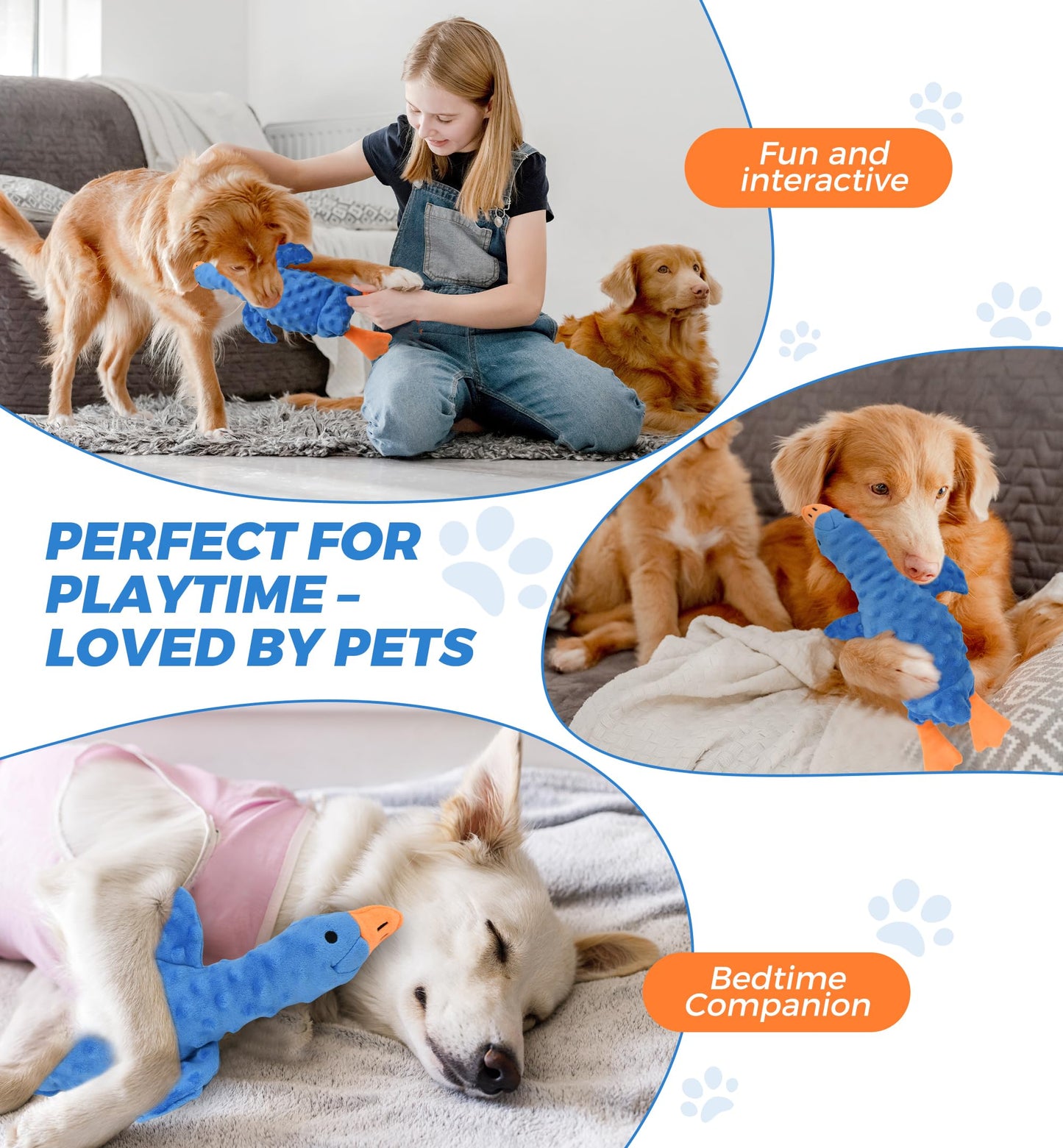 IPTPAS Squeaky Plush Dog Toy for All Breeds, Multifunctional Goose Dog Toy with Honking Sound, Crinkle Paper, Treat Pocket, Durable Soft Stuffed Animal for Chewing, Cuddling, Interactive Play (Blue)