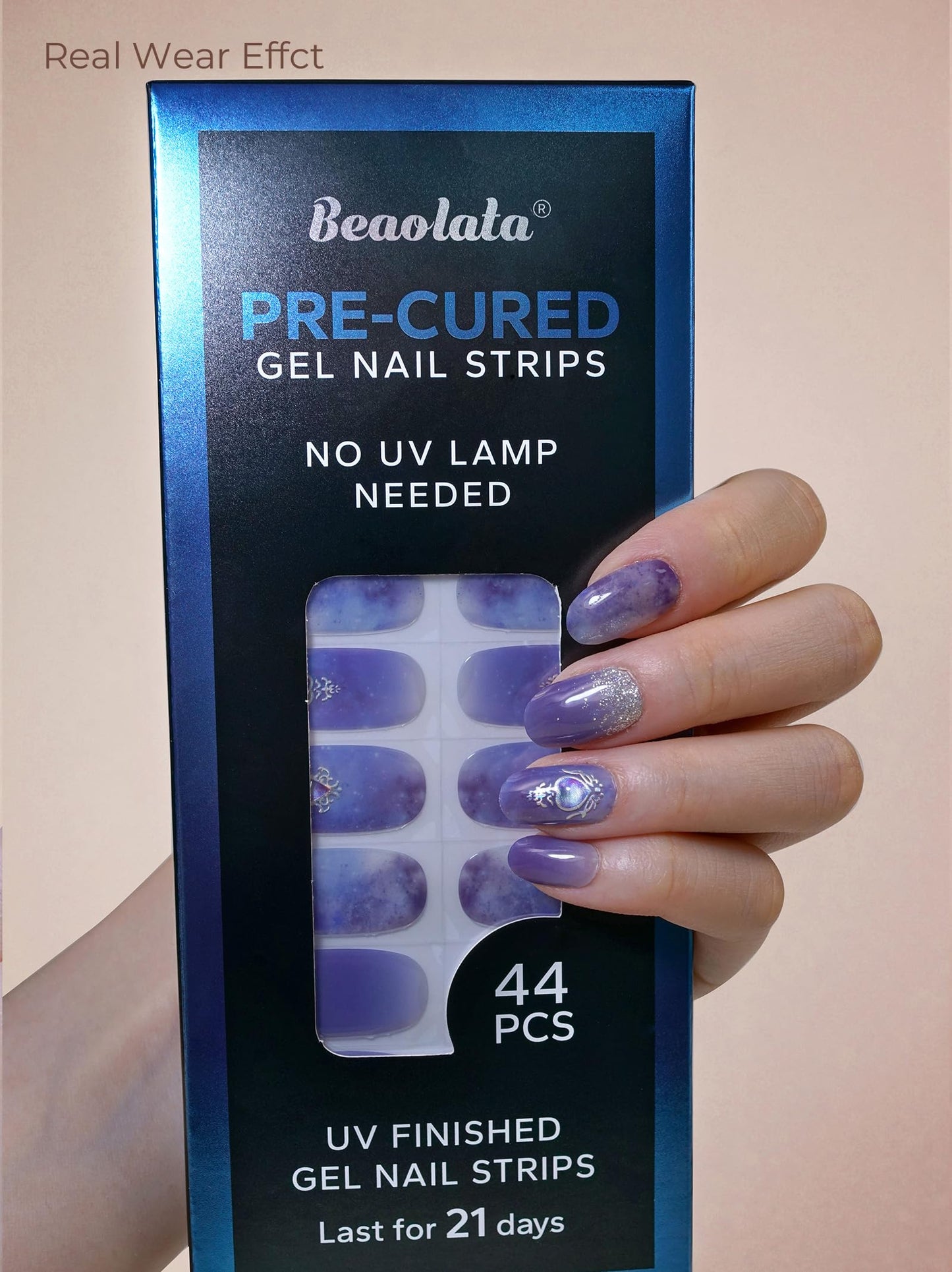 Beaolata Real Gel Nail Strips (No UV Light Needed) - 44Pcs Salon Quality Nail Stickers - Long Lasting Polish Wraps for Women, Easy Apply & Remove (Crystal Blue