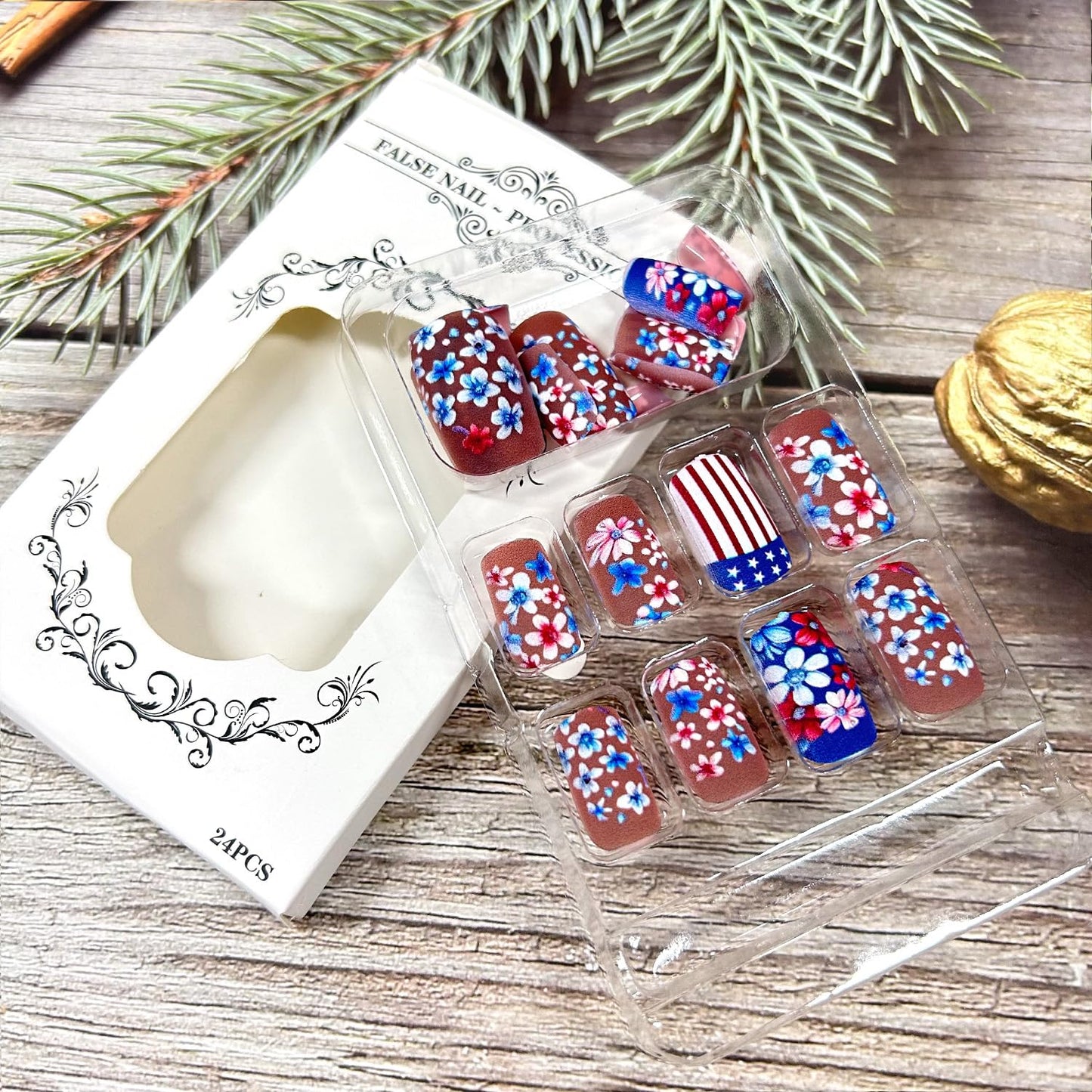 24Pcs Independence Day Press on Nails Medium Square Flower Red White Stripes Pattern Design Matte False Nails 4th of July Patriotic Artificial Nail Full Cover Holiday Manicure Glue on Nail for Women