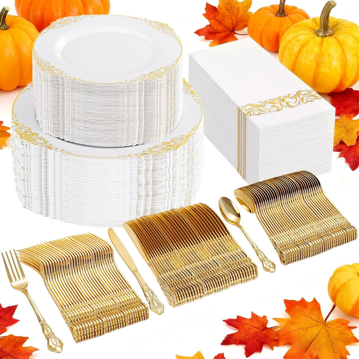 Ciaell 300PCS White and Gold Plastic Plates - Gold Disposable Dinnerware Sets for 50 Guests - 100 Plates, 50 Knives, 50 Forks, 50 Spoons, and 50 Napkins for Wedding, Anniversary, Party & Thanksgiving