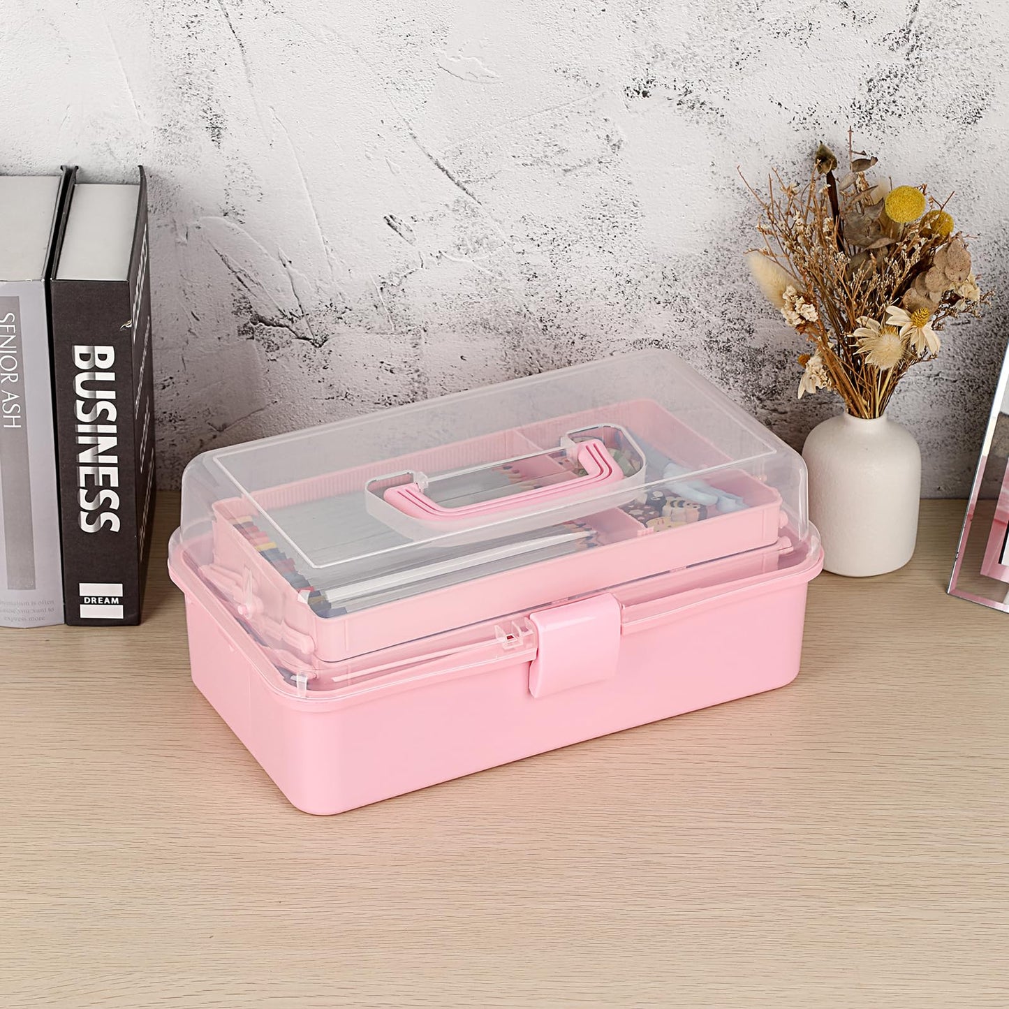 BTSKY 3-Layer Plastic Dividing Storage Box Craft Organizer and Storage with Adjustable Spacers Portable Handled Art Supply Organizer Multipurpose Home Utility Box Organizer (Pink)