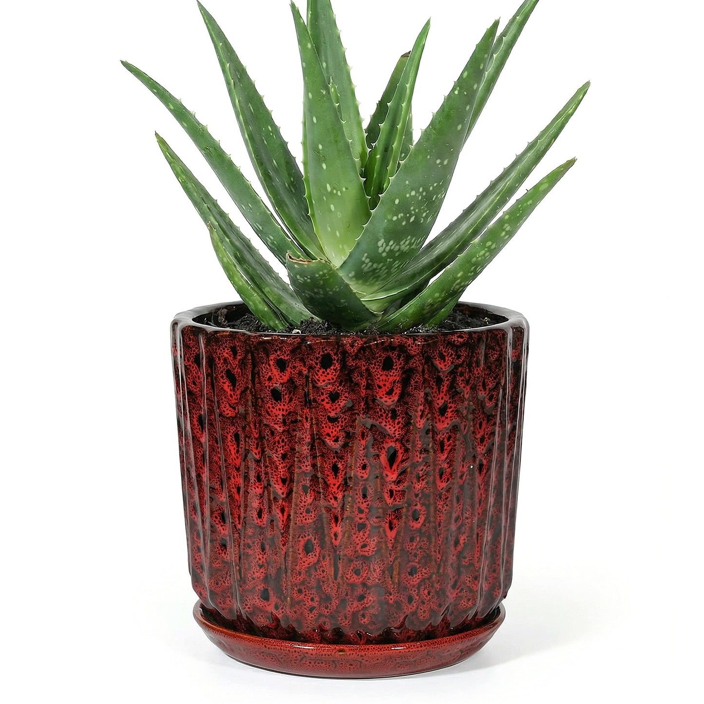TOSELBAI 7.5 Inch Ceramic Planter Pot with Saucer Drainage Leak-Proof Mesh,Flower Pots for Indoor Plants with Gardening Gloves,Ceramic Planter(Spotted Red)