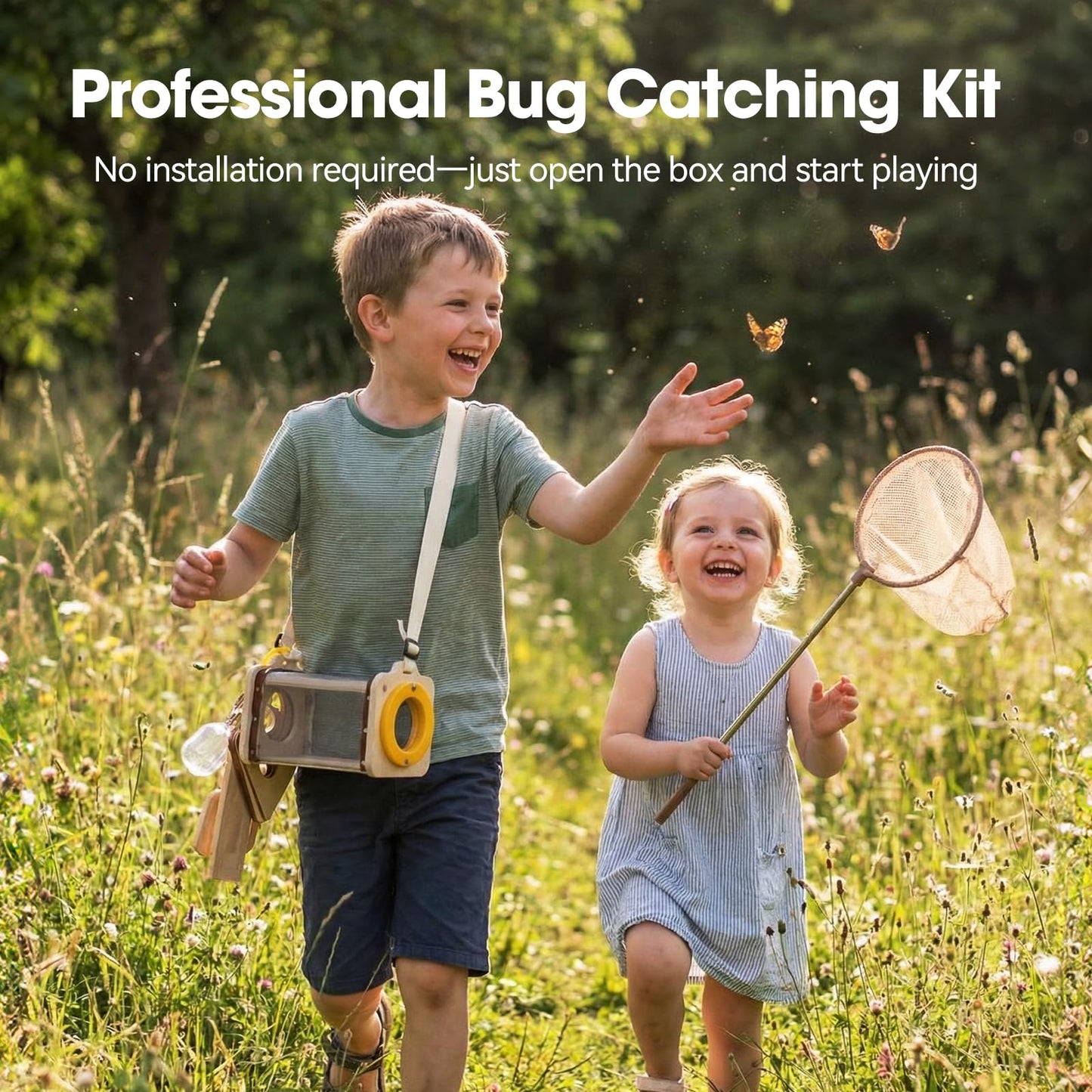 Wooden Bug Catcher Kit for Kids 3-8, 10PCS Durable Outdoor Explorer Kit with Magnifying Glass, Net & STEM Guide, Catch & Release Adventure Set for Backyard & Camping