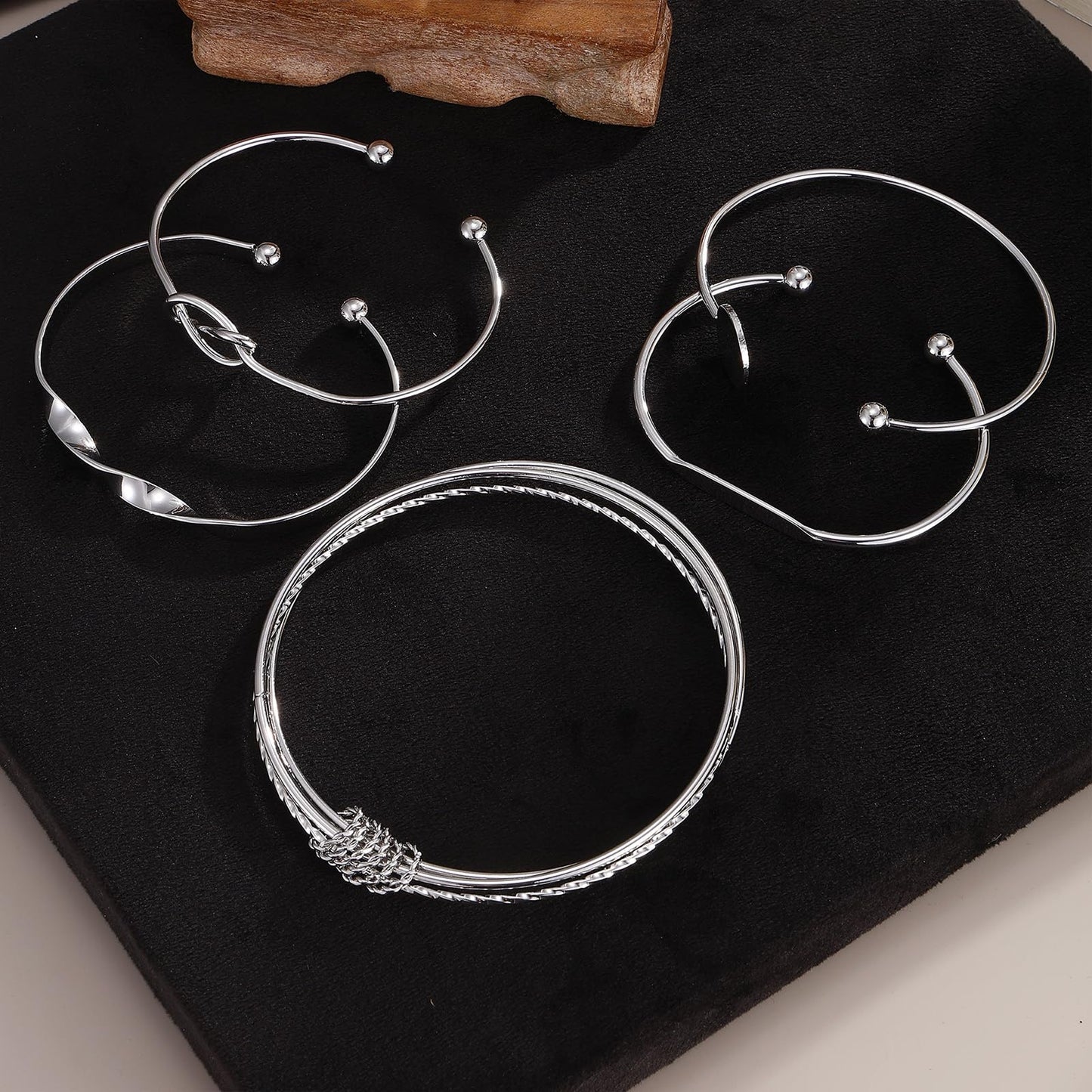 IFKM 6 PACK (27 PCS) Silver Chain Bracelets Set for Women, Silver Plated Multiple Layered Stackable Open Cuff Bangle Bracelet Anklet Adjustable Link Tennis Beads Italian Cuban Jewelry