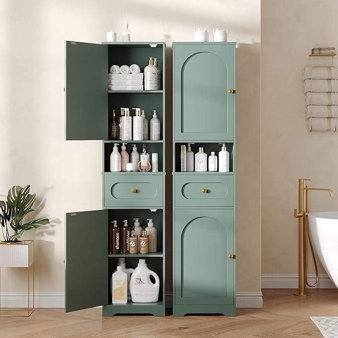 Maupvit 65" Tall Bathroom Storage Cabinet, Narrow Storage Cabinet with 2 Doors and Drawer, Bathroom Organizers with Adjustable Shelves for Living Room, Entryway, Green