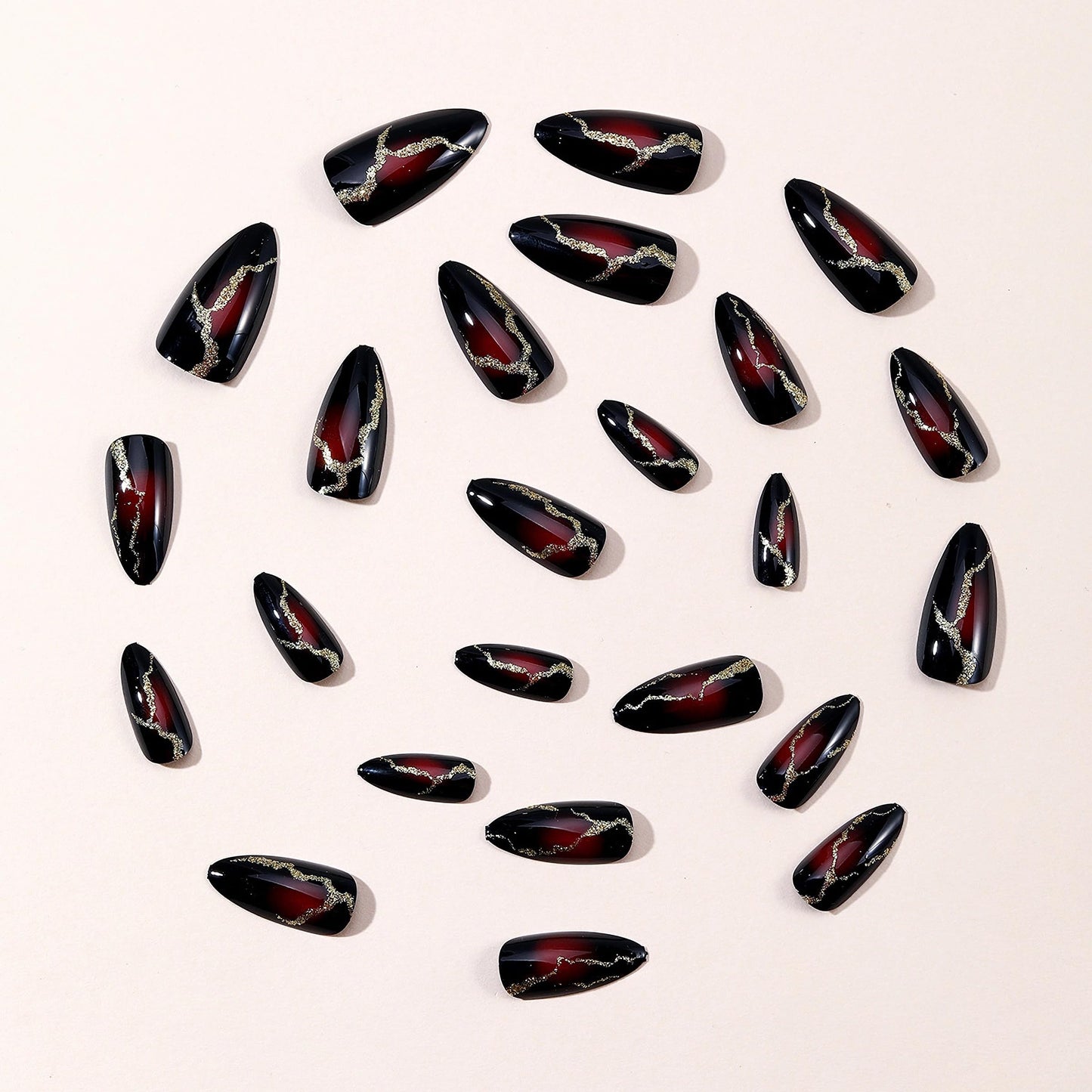 MERVF Press on Nails Medium Almond, Black Fake Nails Red Gradient Glue ons Gold Glitter Lines Design Goth Acrylic Nail Glossy 24pcs