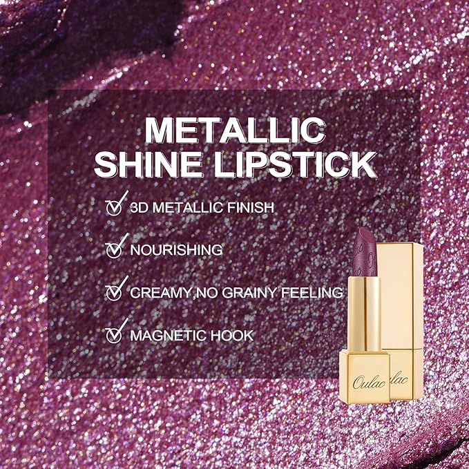 Oulac Purple Lipstick for Women with Metallic 3D Shine Lightweight Hydrating Formula, High Impact Lip Color, Vegan & Gluten Free Beauty, Full Coverage Lip Makeup, Virtual Violet(22)