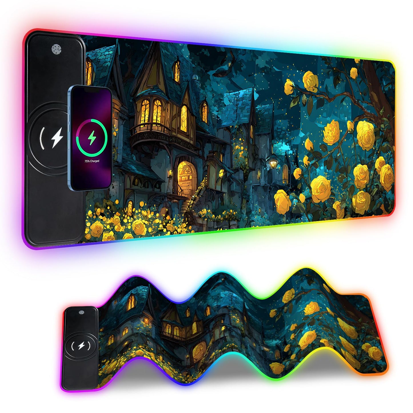 Wireless Charging RGB Gaming Mouse Pad, 31.5 x 11.8 Inch Extended Mouse Mat with Fantasy Castle & Rose Design, LED Desk Pad with 7 Lighting Modes, Non-Slip Base for Gaming & Office