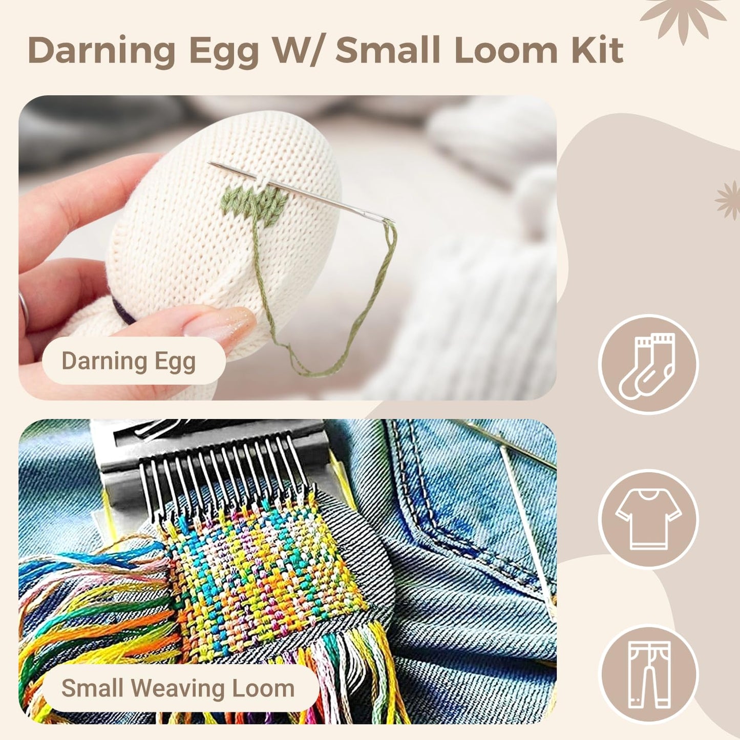 Varku Darning Egg Weaving Tool Set with Small Weaving Loom Kit, Darning Thread Set for Handcraft DIY, Egg-Shaped Patch Weaving Tool for Socks, 14-Hook Mini Speedweve Style Weaving Loom