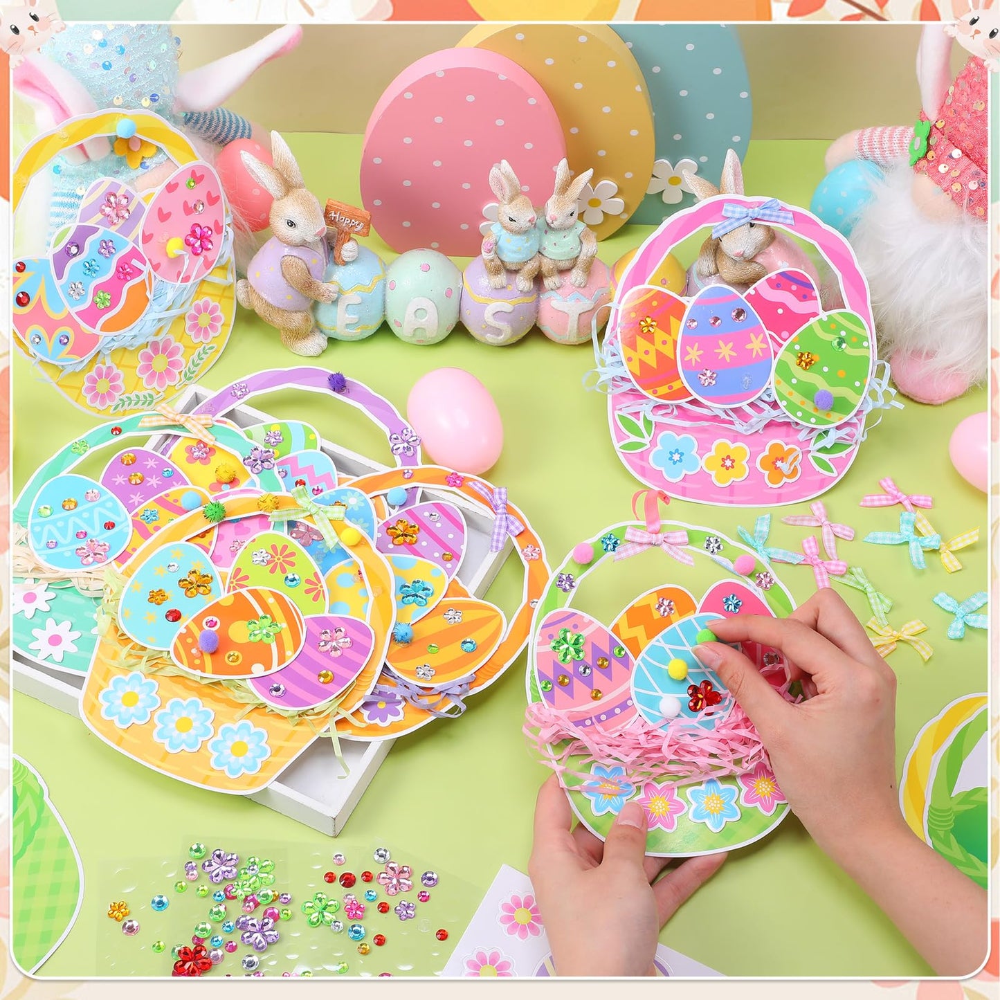 Funrous 48 Sets Easter Crafts Kit Easter Basket Egg Paper Crafts DIY Make Your Own Basket Hanging Ornaments Decorations with Pompoms Diamond Stickers Spring Classroom Activity Arts Gifts Party Favors