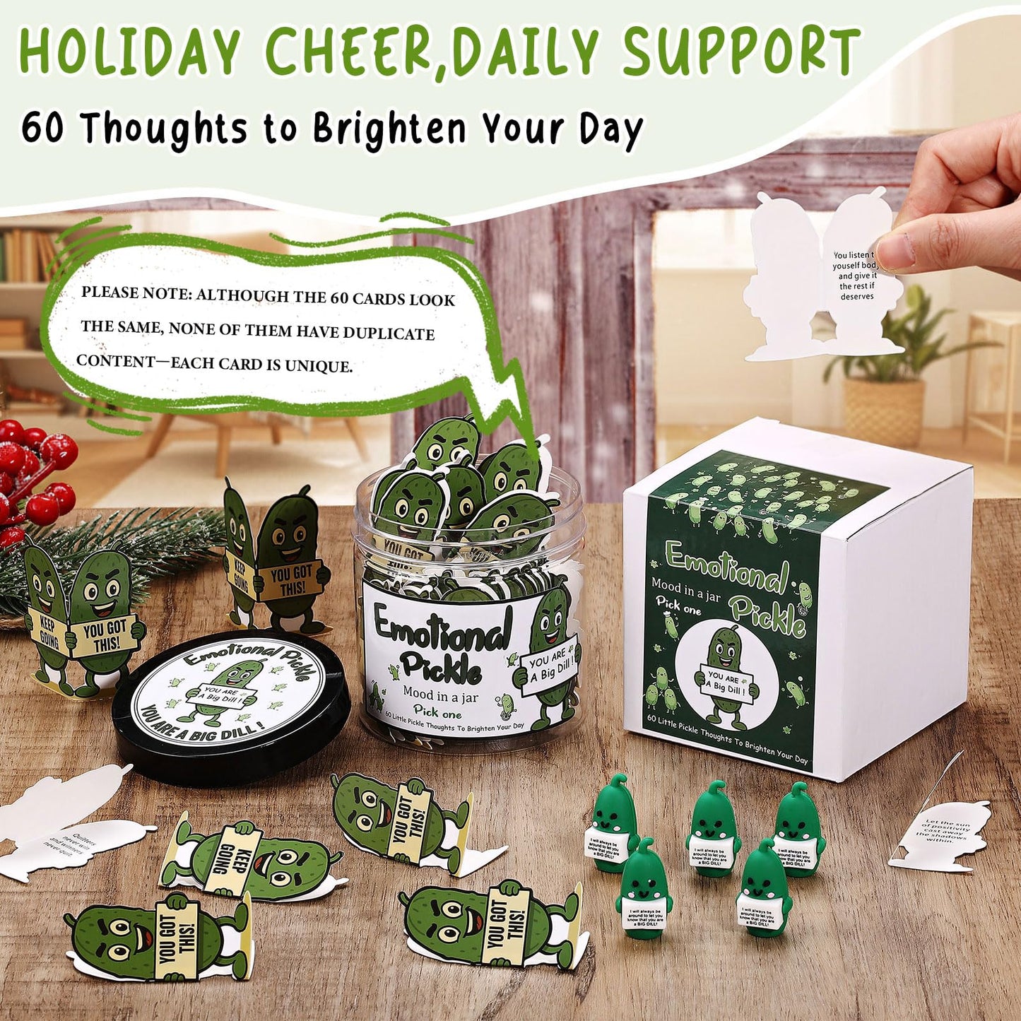 Gejoy 60 Pcs Positive Gifts Emotional Comfort Pickle Card Jar with 5 Mini Rubber Pickle Figurines Christmas Affirmation Birthday Encouraging Motivational Gift for Coworkers Colleague Staff Women Men