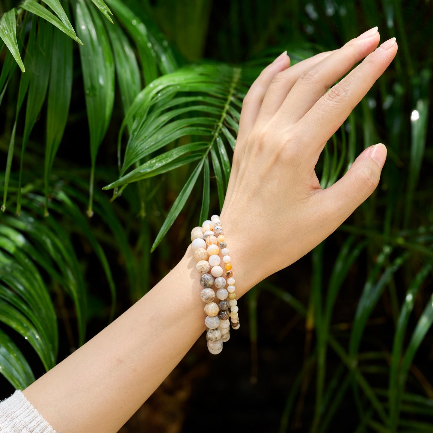 Bivei Bamboo Leaf Agate-Steady Growth-4mm Beaded Bracelets for Women Handmade Semi Precious Natural Stone Stretch Elastic Jewelry Yoga Protection Gifts