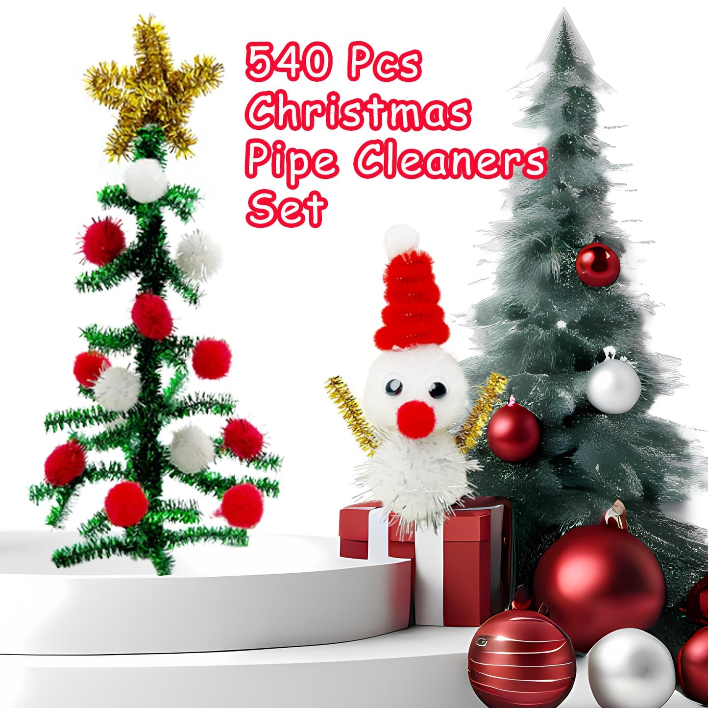 540 Pcs Christmas Pipe Cleaners Crafts Set Including 240 Pcs Pipe Cleaners for Crafts, 200 Pcs Pom Poms, 100 Pcs Self Adhesive Wiggle Googly Eyes for DIY Art and Craft Supplies