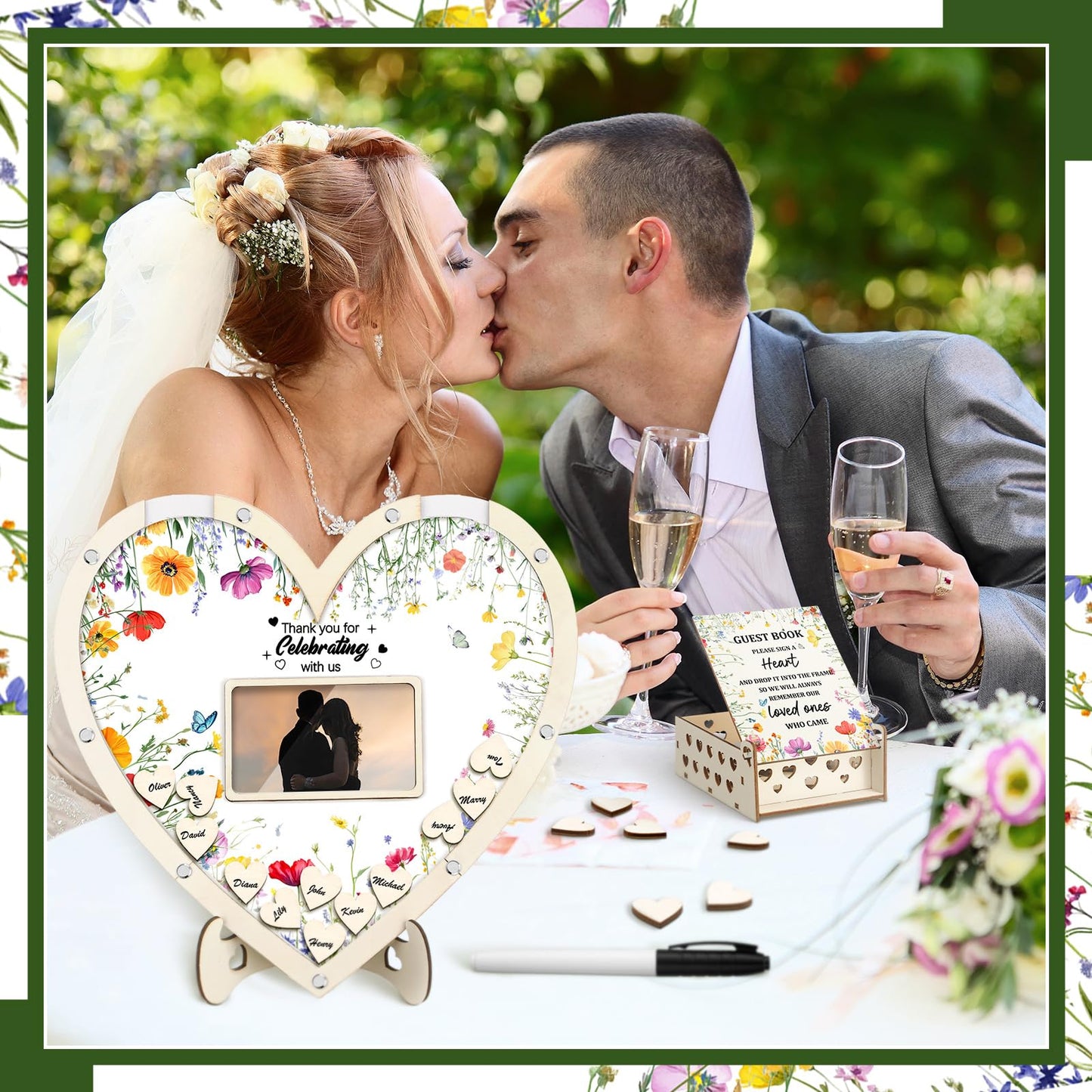 Chunful Wedding Hearts Guest Book Alternative with 100 Wooden Hearts Chips Storage Box and Pen Brown Wooden Theme Heart Picture Frame Rustic Guest Book Reception for Wedding Ceremony (Wildflower)