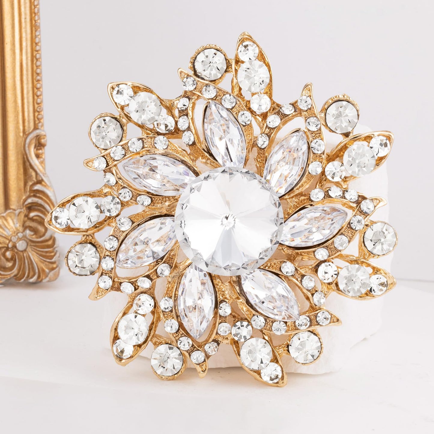 LAXPICOL Vintage Women's White Austrian Crystal Elegant Flower Brooch Wedding Broach Pin Gold Tone