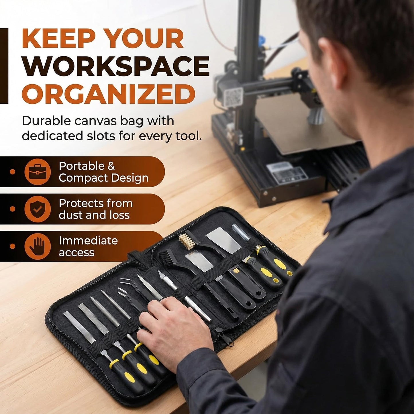 GEYUTHS 34 in 1 3D Printer Tools Kit Essential Accessories for All FDM & SLA 3D Printers Nozzle Cleaning & Filament Removal Scrapers 5 Types of Files, Brushes, Wire Cutter, Engraving Knife
