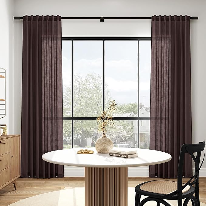 Coffee Brown Linen Curtains 90 inch Length for Living Room/Bedroom Textured Semi Sheer Linen Drapes Country Window Treatment Farmhouse Drop Cloth Curtain 90 inches for Dinning Room 2 Panels