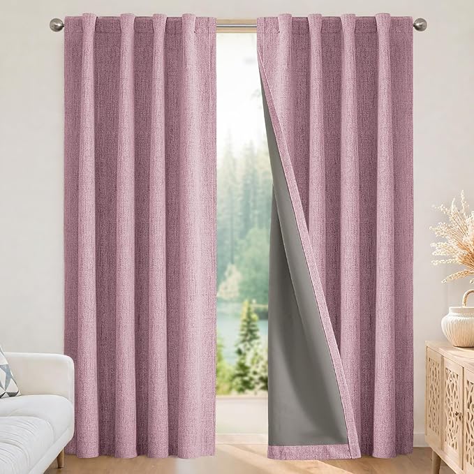Joydeco Linen Blackout Curtains for Bedroom - 100% Light Blocking 1 Panels, Pink Drapes 100" W x 90" L, Thermal Insulated Room Darkening Curtains for Living Room, Rod Pocket & Back Tabs