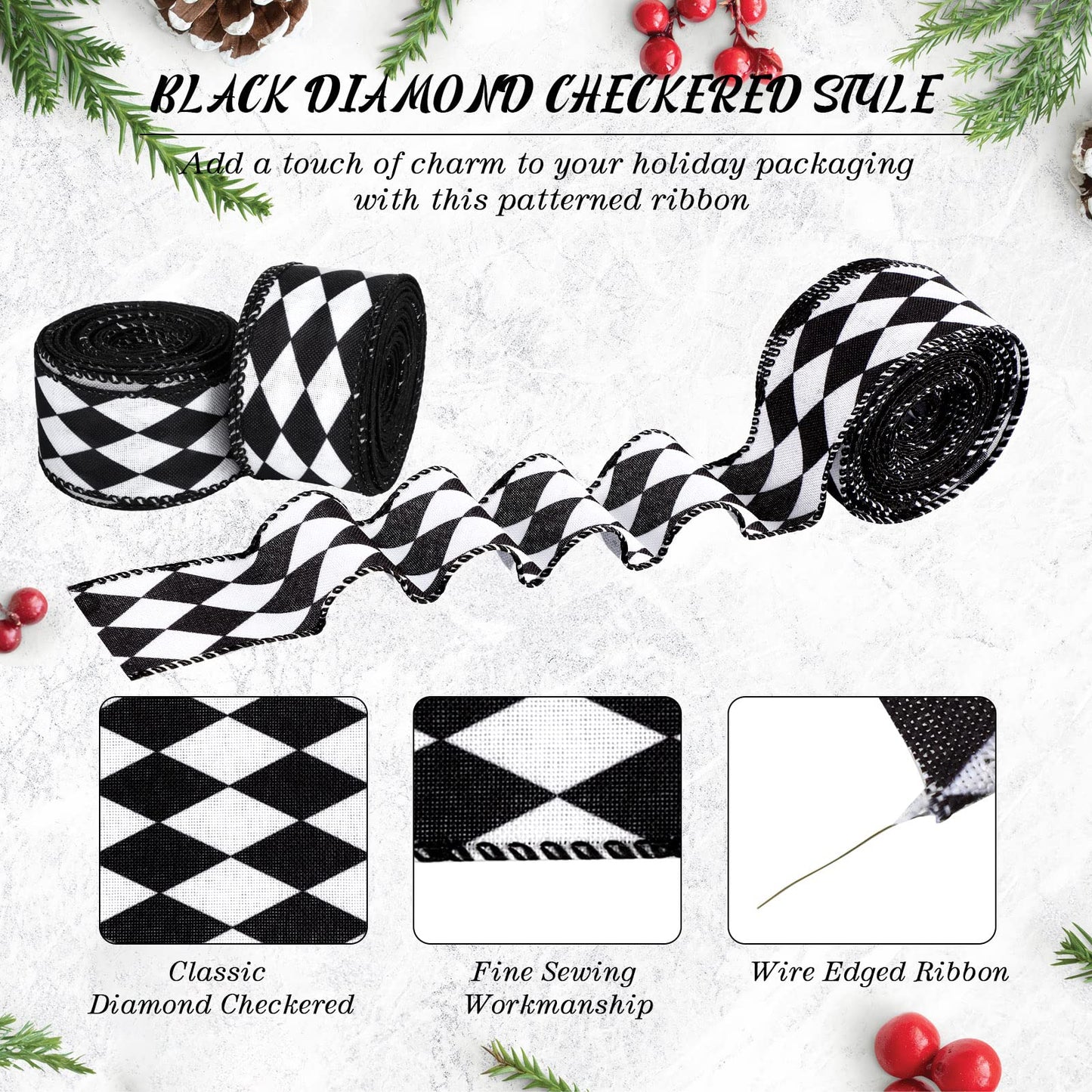 Luinabio 3 Rolls 30 Yard 1.5 Inch Christmas Black White Harlequin Ribbon Checkered Wired Ribbon Decorative for Xmas Fall Tree Wrapping Wreath Bouquet Crafts (Classic Style)