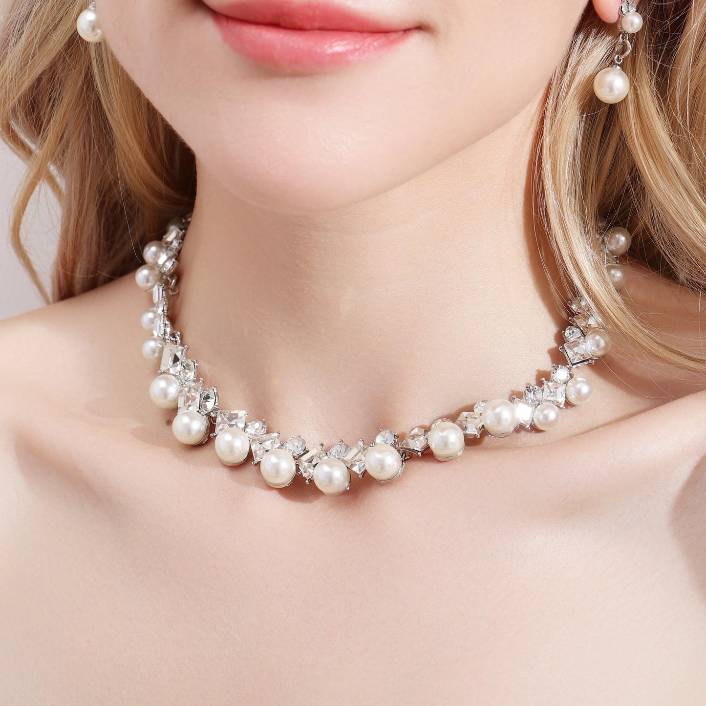 Ailunor Pearl Jewelry Set: 14K Gold/Silver Plated Pearl Drop Earrings, Bracelets & Choker Necklace - Wedding Bridal Gift (2pcs Silver)