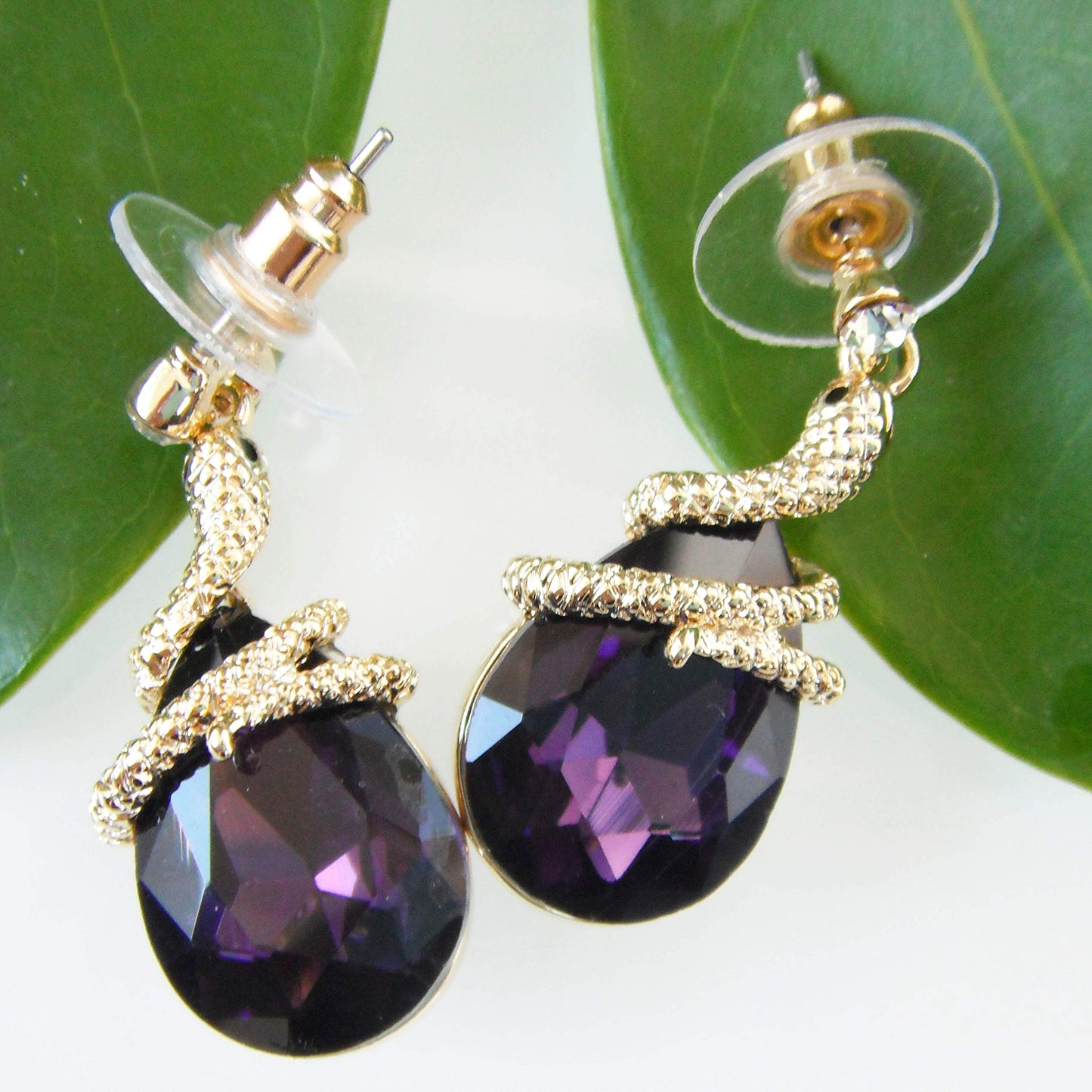 Navachi 18k Gold Plated Crystal Purple Zircon Snake Drop Dangle Earrings