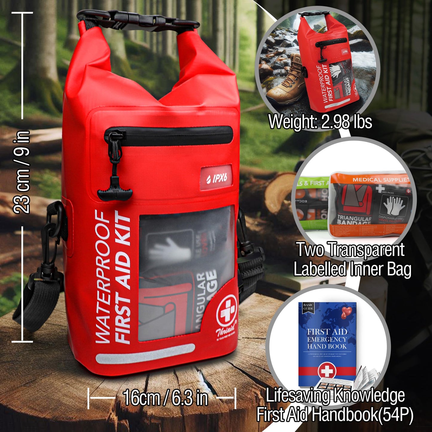 250 PCS Waterproof First Aid Kit, Roll Top Reflective Boat Dry Bag Bug Out Bags, Emergency Medical Kit Ideal for Boating, Camping, Fishing, Kayaking, Floating, Red