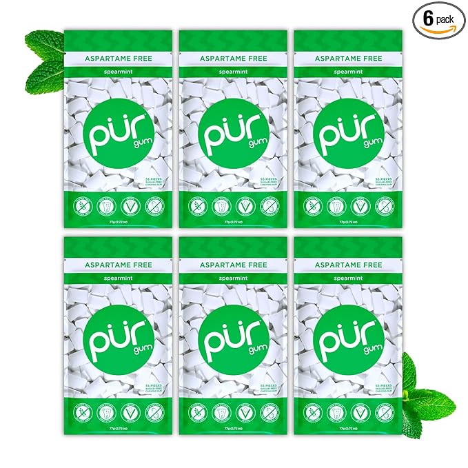 PUR Gum | Aspartame Free Chewing Gum | 100% Xylitol | Natural Spearmint Flavored Gum, 55 Pieces (Pack of 6)