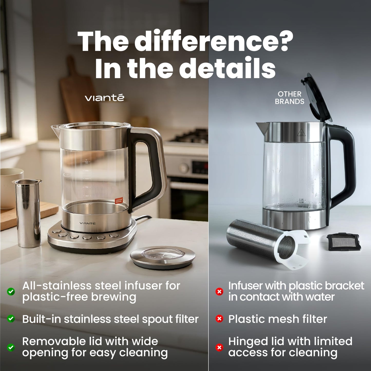 Vianté Electric Tea Kettle With Infuser for Loose Leaf, No Plastic In Contact With Water, Hot Tea Maker with Temperature Control, Automatic Shut Off, 1.5L Borosilicate Glass
