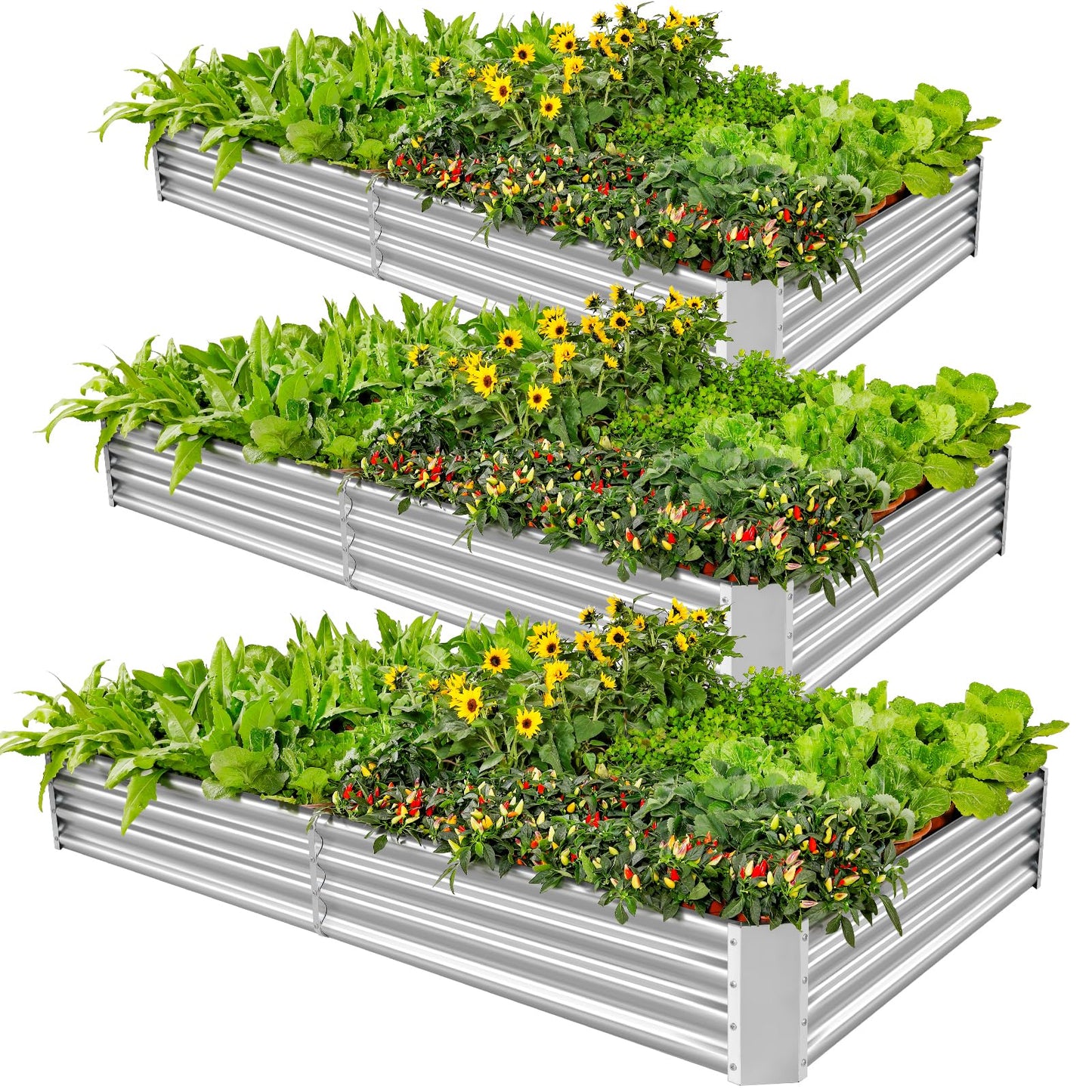 Land Guard 3 Pack 6×3×1ft Galvanized Metal Raised Garden Bed, Metal Planter Kit Box Outdoor for Deep-Rooted Vegetables, Flowers, Green and Herbs, Silver