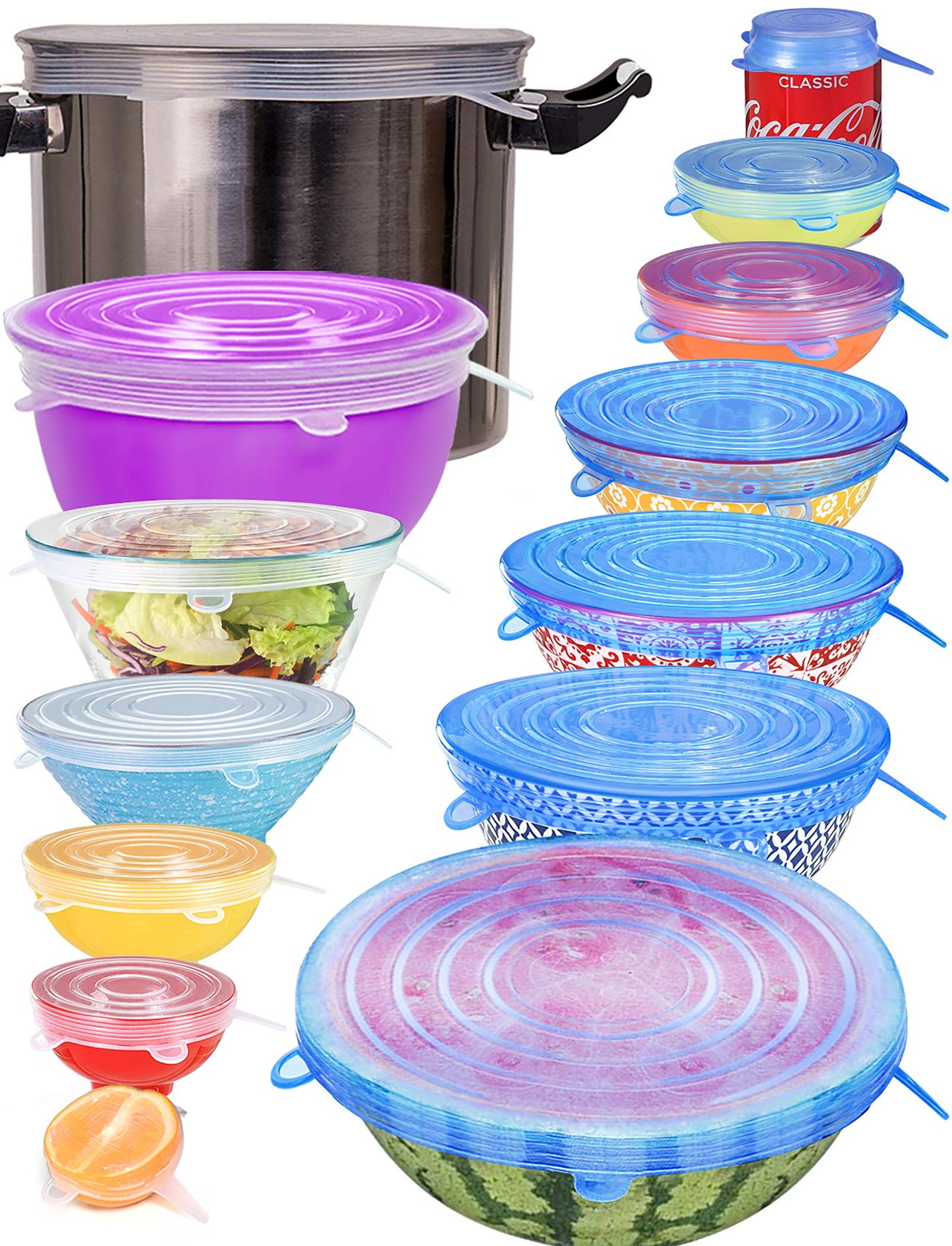 Longzon Silicone Stretch Lids 14 Pack Include 2Pcs Size up to 9.8'' Diameter,Reusable Durable Food Storage Covers for Bowl,7 Different Sizes to Meet 2.6"-9.8''Dia Containers,Dishwasher & Freezer Safe