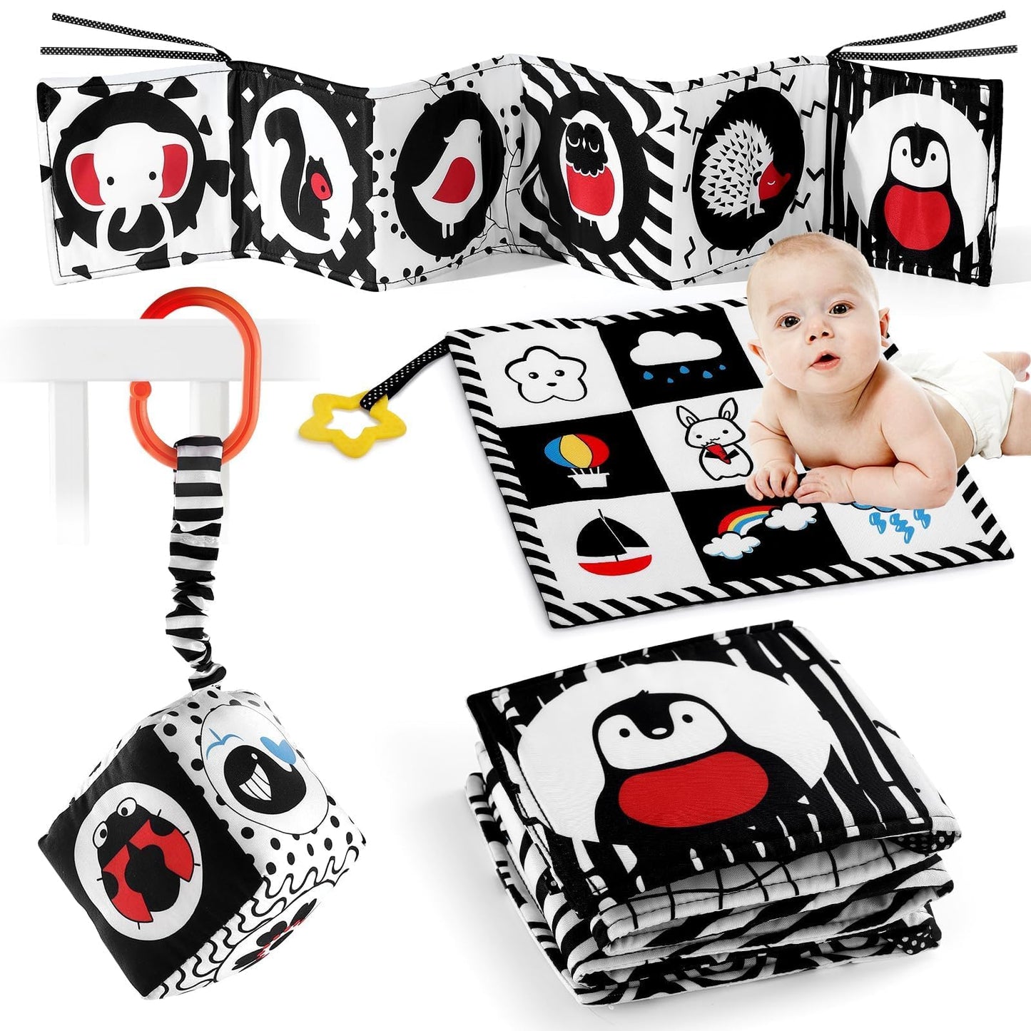 SAMMAS 3 Pcs Black and White High Contrast Baby Toys 0-6 Months for Newborn, Babies Sensory Soft Book for Early Education, Infant Tummy Time Cloth Book, Montessori Toys for Babies