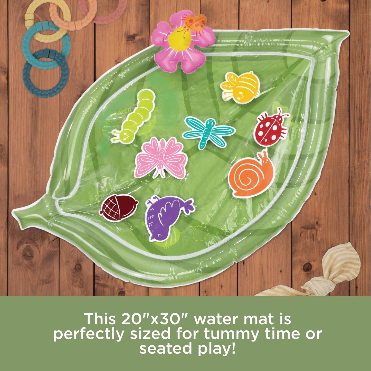 MindWare Sensory Sprouts Baby Water Mat, Inflatable Leaf-Shaped Tummy Time Play Mat with Floating Bugs for Sensory Play, Visual Tracking and Neck Strength Development for Babies 6 Months and Up