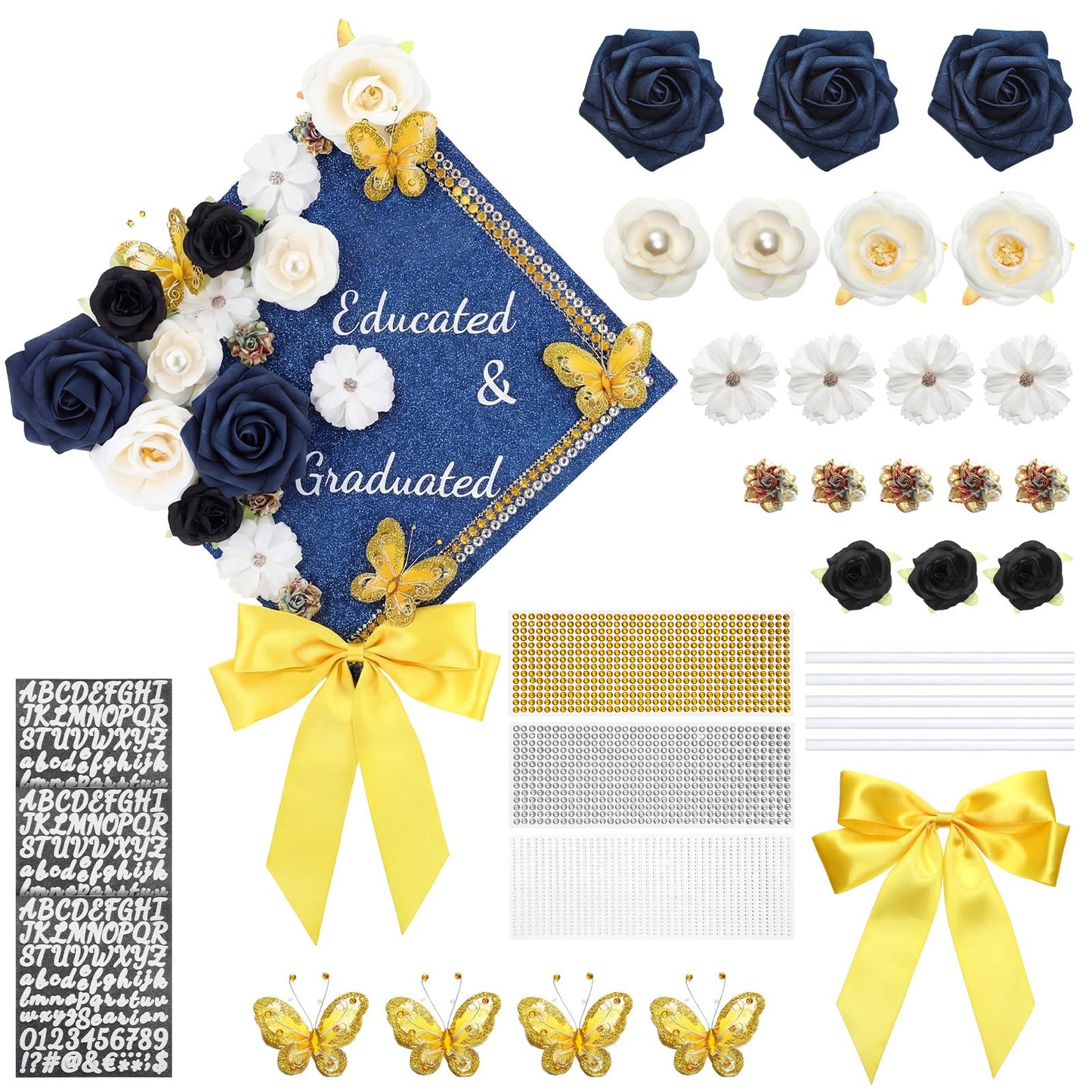 Knitgrip 33 DIY Graduation Cap Decorations Kit Blue 2026 Grad Cap Decor with Bow 3D Butterfly Faux Flowers Self-adhesive Rhinestones Letter for DIY Educated and Graduated Grad Hat Topper