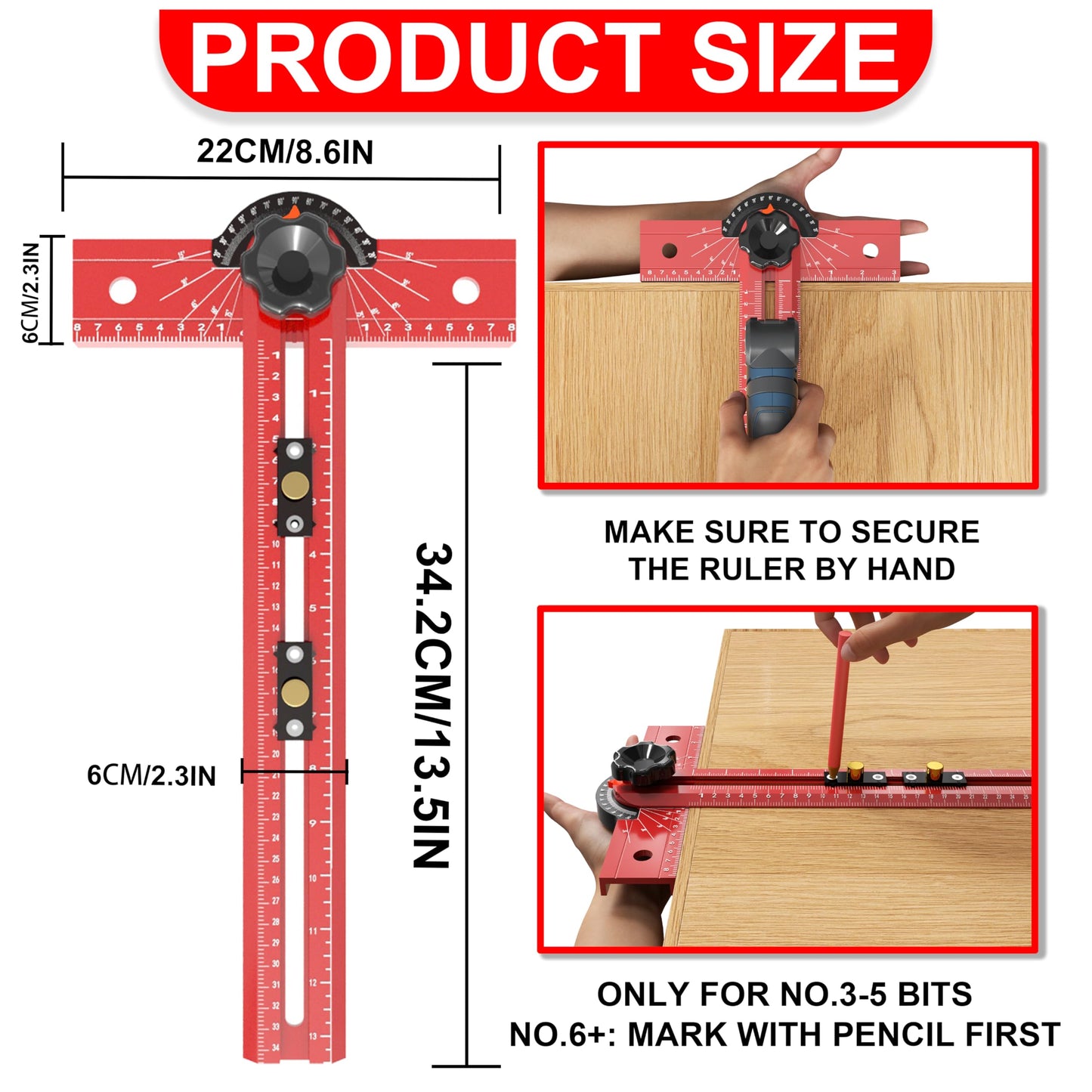 OKcedier Woodworking T Square Ruler, Precision Drilling Positioning Measuring Tools, Adjustable Aluminum Alloy Sliding 13.5 Inch T-Square Ruler with Angle Adjustment for Carpenter Work and Architect
