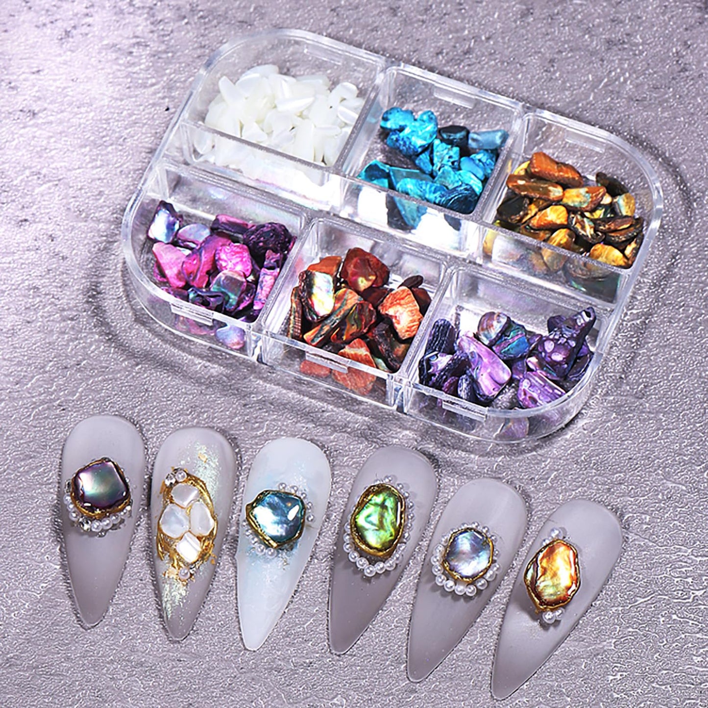6 Grids Colorful Abalone Shell Stone Nail Gems and Charms 3D Irregular Stone Nail Charms Abalone Shell Texture Designs Nail Rhinestones Colorful Gems Nail Jewelry for Women DIY Manicure Crafts