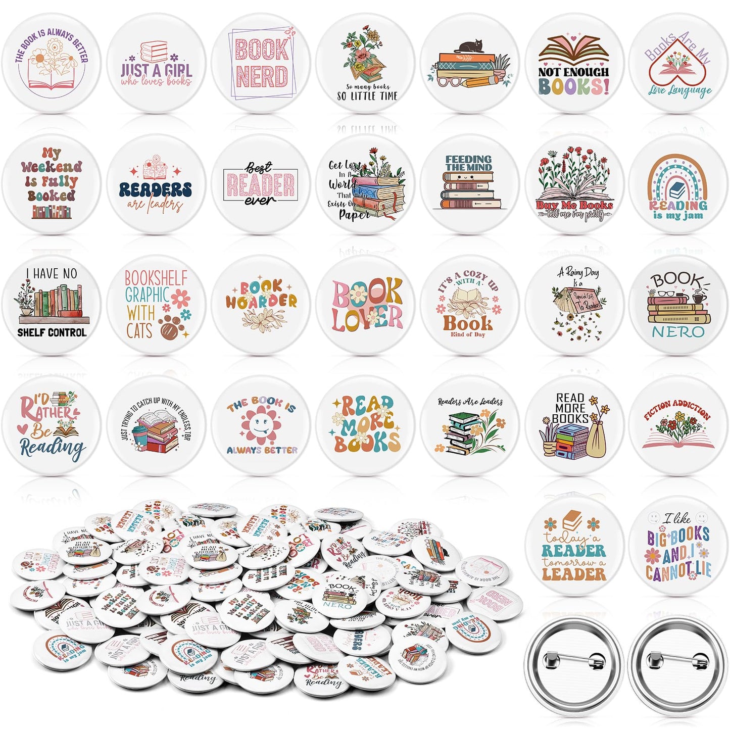 Suncalla 60 Pcs Bookish Pins Book Lover Skull Spooky/Flower/Boho Graduation Gift Buttons Pins for Backpacks with Secure Back for Bookworms, Librarians & Readers Students, Educators(Boho)