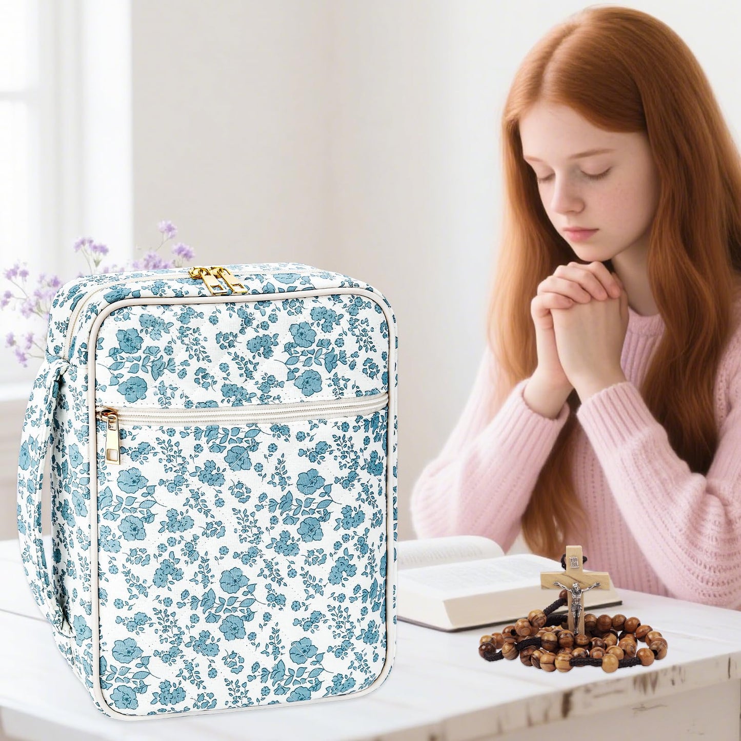 SelfTek Bible Cover Case for Women - Large Quilted Bible Cases for Woman Organizer with Handle & Shoulder Strap, Bible Study Supplies Accessories Christian Gifts (Blue)
