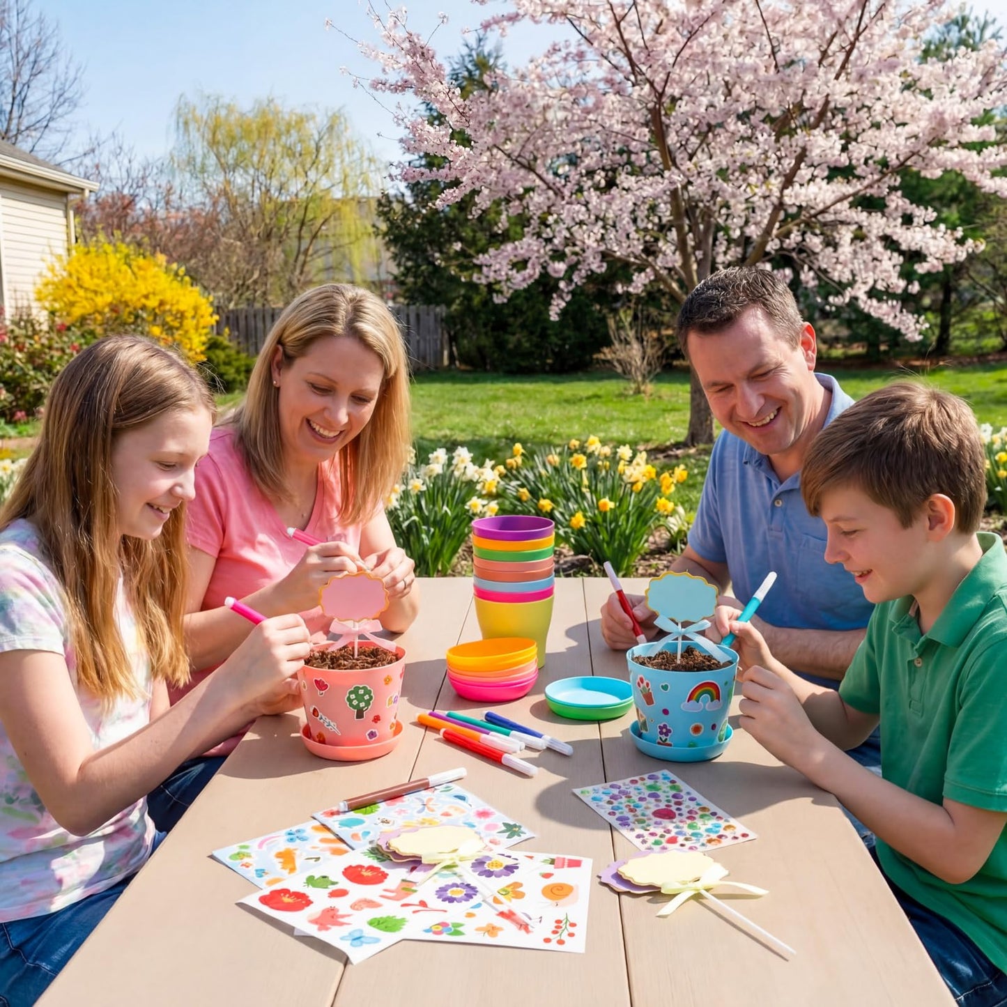 Funnymoom 48 Pcs Garden Plastic Paintable Flower Pot Craft Kit DIY Painting Flower Pots with Watercolor Stickers Pipe Cleaners Growing Kits for Home Summer Mother's Day Fun Activity (Clean)