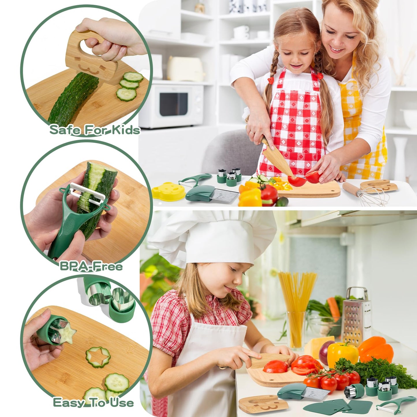 17 PCS Kids Knife Set for Real Cooking, Montessori Kitchen Tools for Toddlers, Cooking and Baking Set for Kids Little Chefs, Crinkle Cutter, Cutting Board, Safe Knife