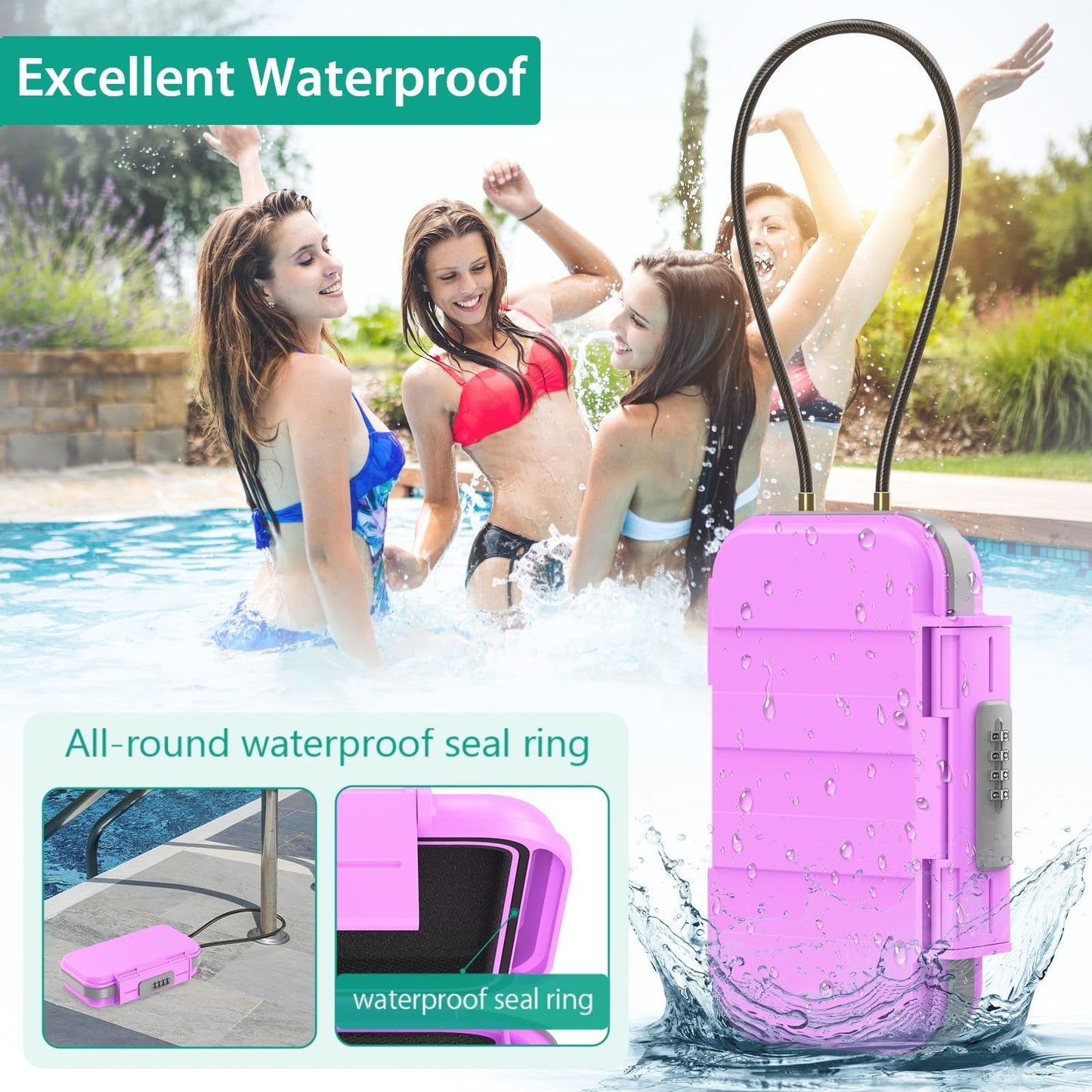 ORIA Portable Security Case, 4 Digit Combination Key Lock Box Security Case, Portable Safe Box Storage Smartphones, Passports, Credit Cards for Beach, Travel, Pink Purple
