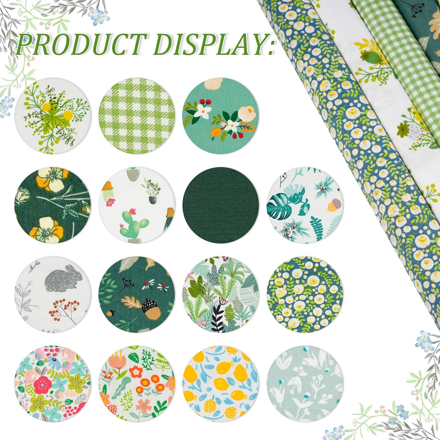 Fat Quarter Cotton Fabric Bundle 15Pcs 20x20 Inch Premium Cotton Quilting Fabric, Pre-Cut Quilt Squares for DIY Sewing, Quilting, Crafting, Patchwork & Home Decor Projects(Green)
