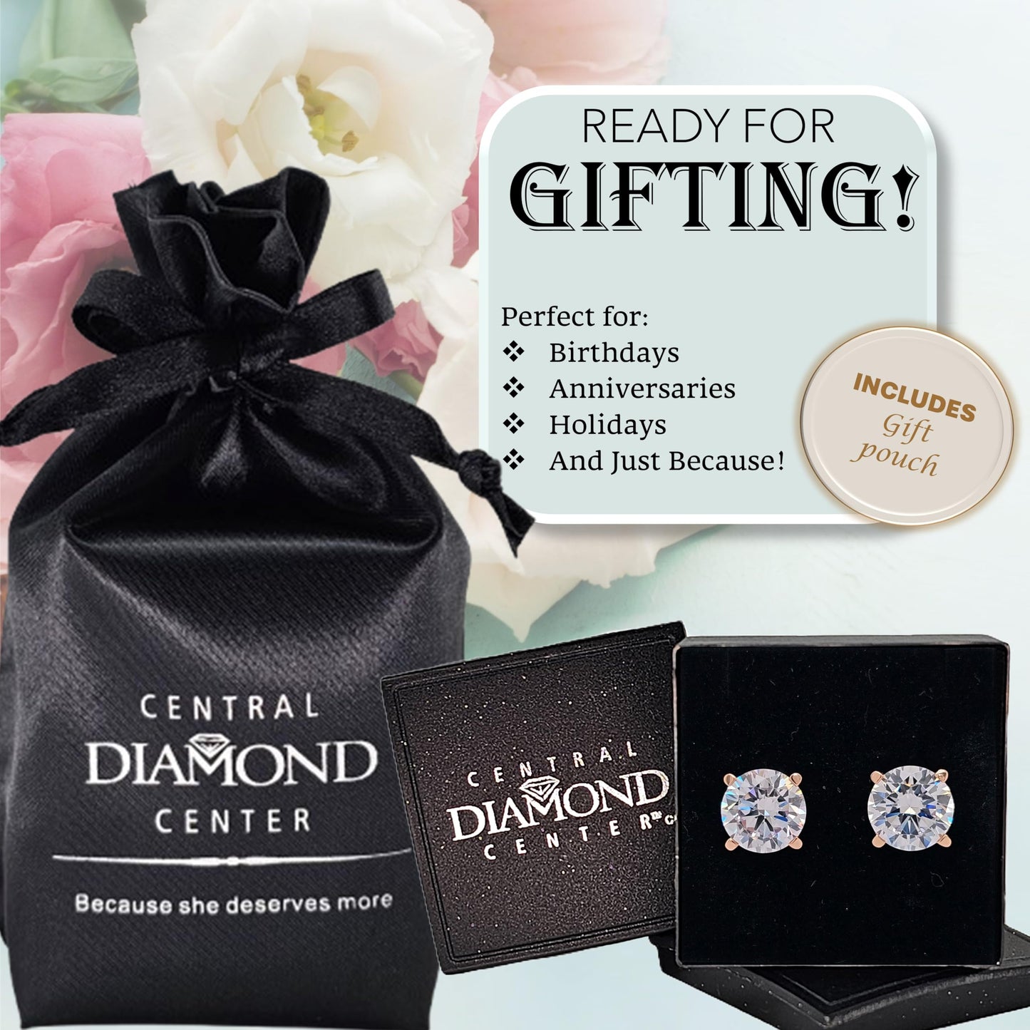 Central Diamond Center Round Simulated Diamond Stud Earrings Hypoallergenic Metal & Sterling Silver CZ - 10.0mm (8.00cttw) Rose