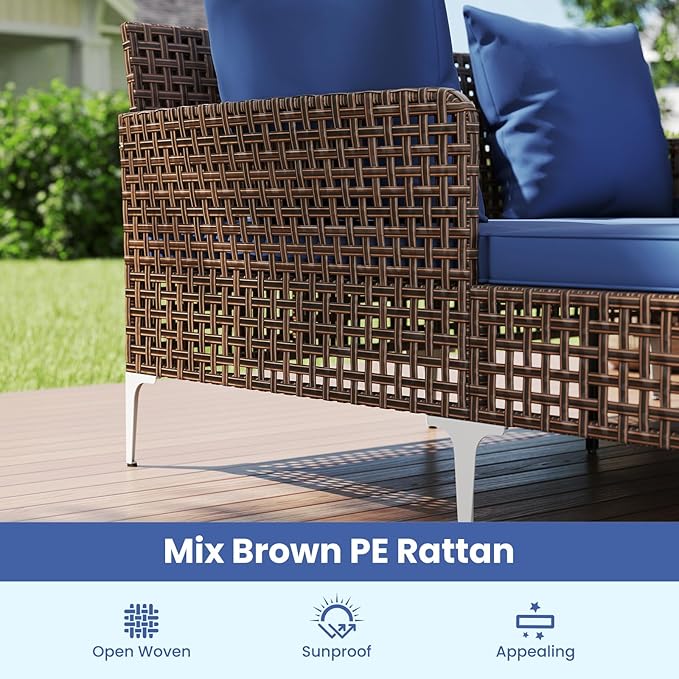 Tangkula Outdoor Rattan Double Daybed, Boho Wicker Chaise Lounge for 2 with Seat & Back Cushions, Outdoor Sunbed Loveseat with Metal Support for Backyard, Poolside & Deck (Navy)