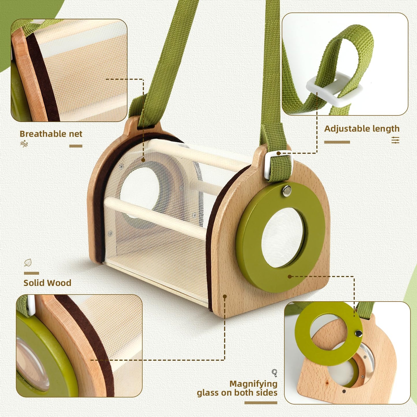 Wooden Bug Catcher Kit for Kids, Outdoor Explorer Toy Set with Butterfly Net, Magnifying Glass, Bug Container &Other Adventure Kit for Backyard Bugs Hunting and Camping Gifts for Boys Girls Age 3-12