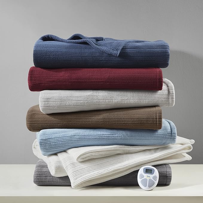 Serta Travis Fleece Ultra Soft Tri-Rib Textured Electric Blanket, Cozy and Snuggly Cover Fast Heating for Cold Weather, Auto Shut Off, Multi Heat Setting Controller, Queen, Berry Red