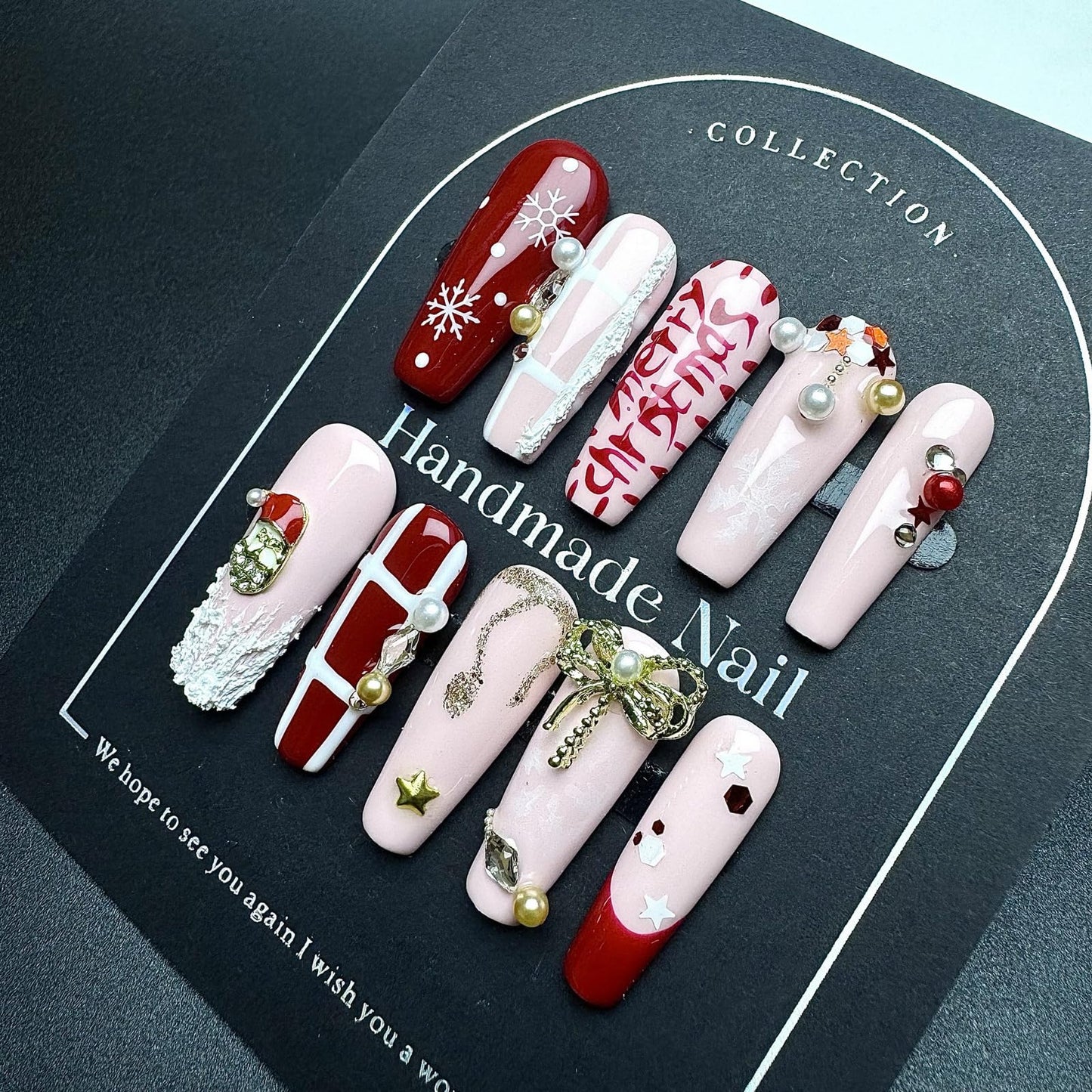 10Pcs Handmade Christmas Press on Nails Long French Tip Fake Nails with 3D Bow Pearl Design Thick Acrylic and Muti-Layer Gel False Nails Coffin Nails Press ons Christmas Glue on Nail for Women (S)