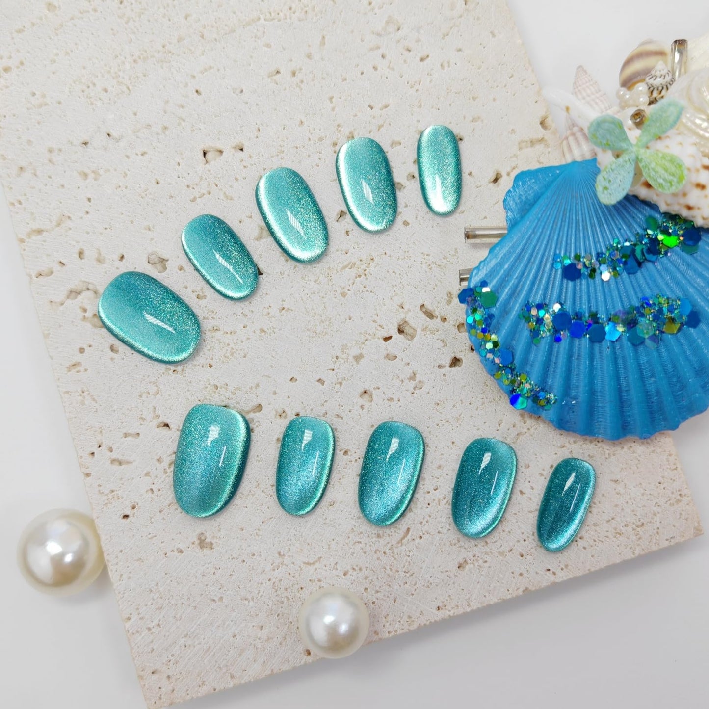 Cat Eye Press on Nails Handmade Short Oval/Square/Round False Nails with French Tip/Aurora/Magnetic Shimmer Designs (Side#Glass Sea S)